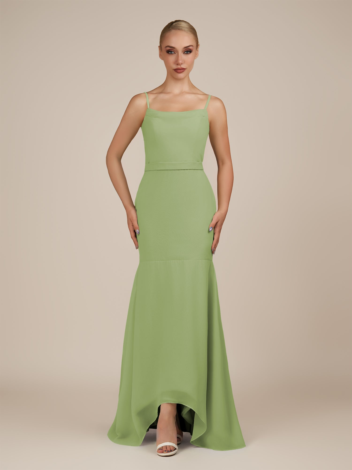 KissDress-Virelai Matcha Sheath Scoop Neck Chiffon Long Bridesmaid Dress