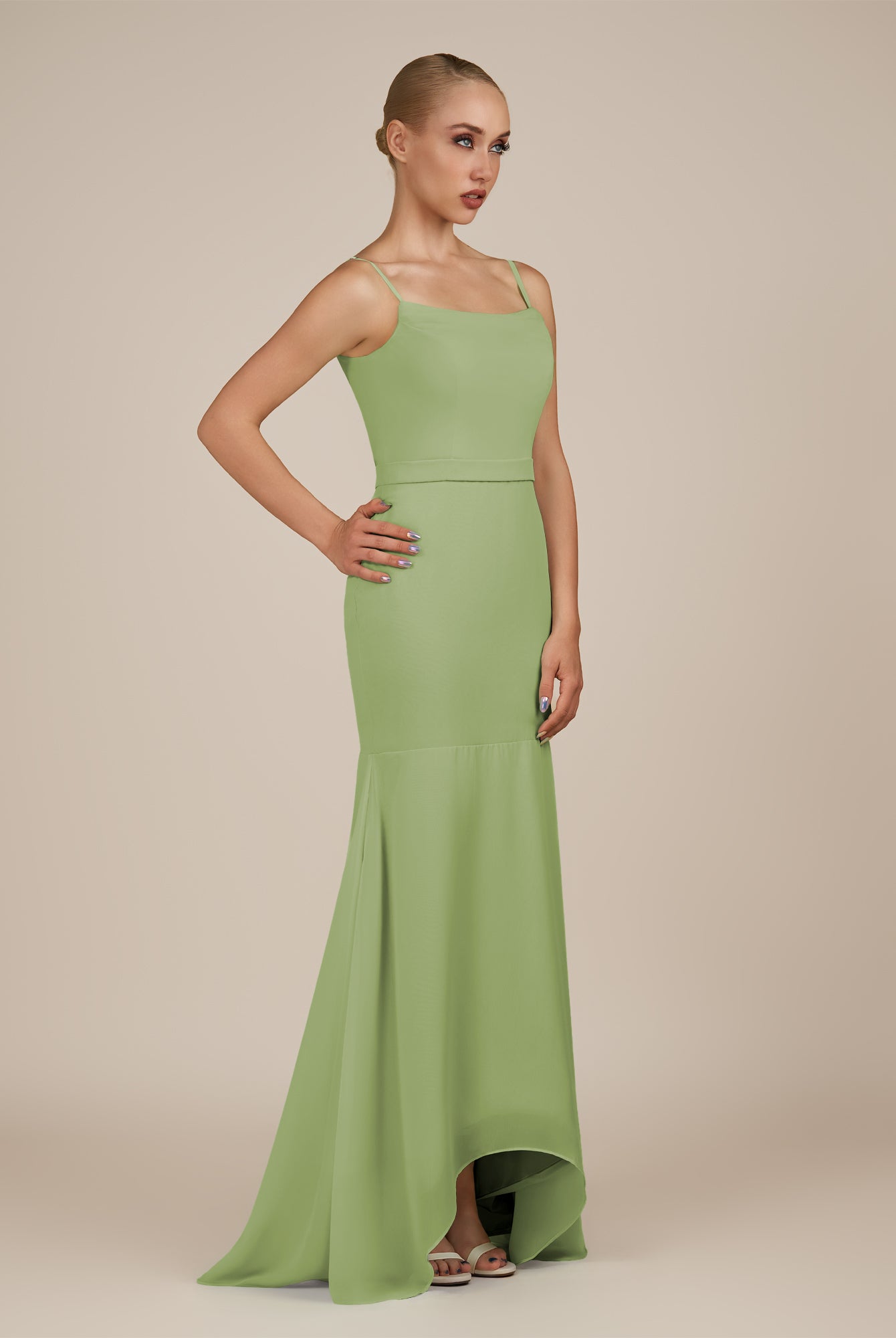KissDress-Virelai Matcha Sheath Scoop Neck Chiffon Long Bridesmaid Dress