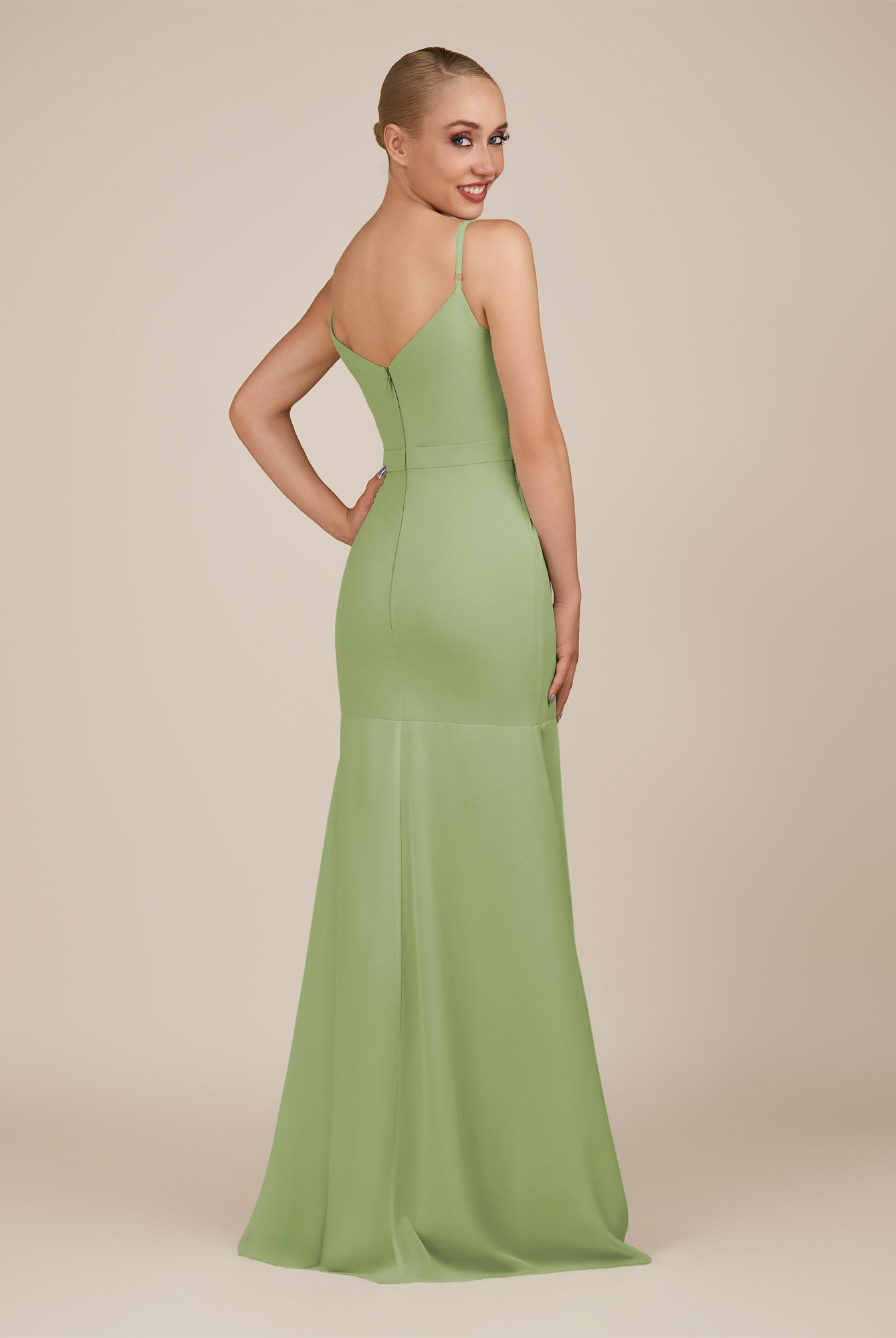 KissDress-Virelai Matcha Sheath Scoop Neck Chiffon Long Bridesmaid Dress