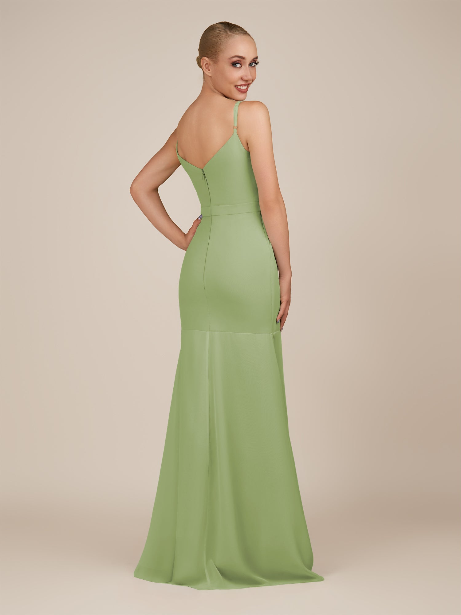 KissDress-Virelai Matcha Sheath Scoop Neck Chiffon Long Bridesmaid Dress