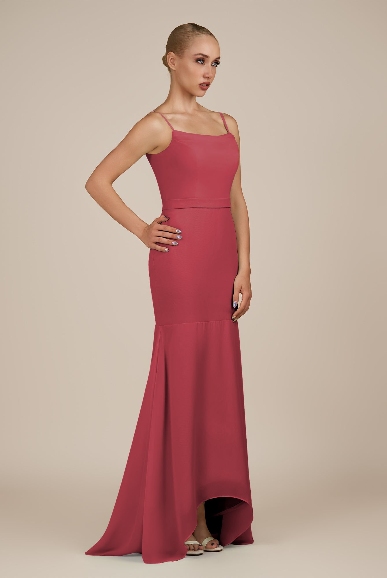 KissDress-Virelai Merlot Sheath Scoop Neck Chiffon Long Bridesmaid Dress