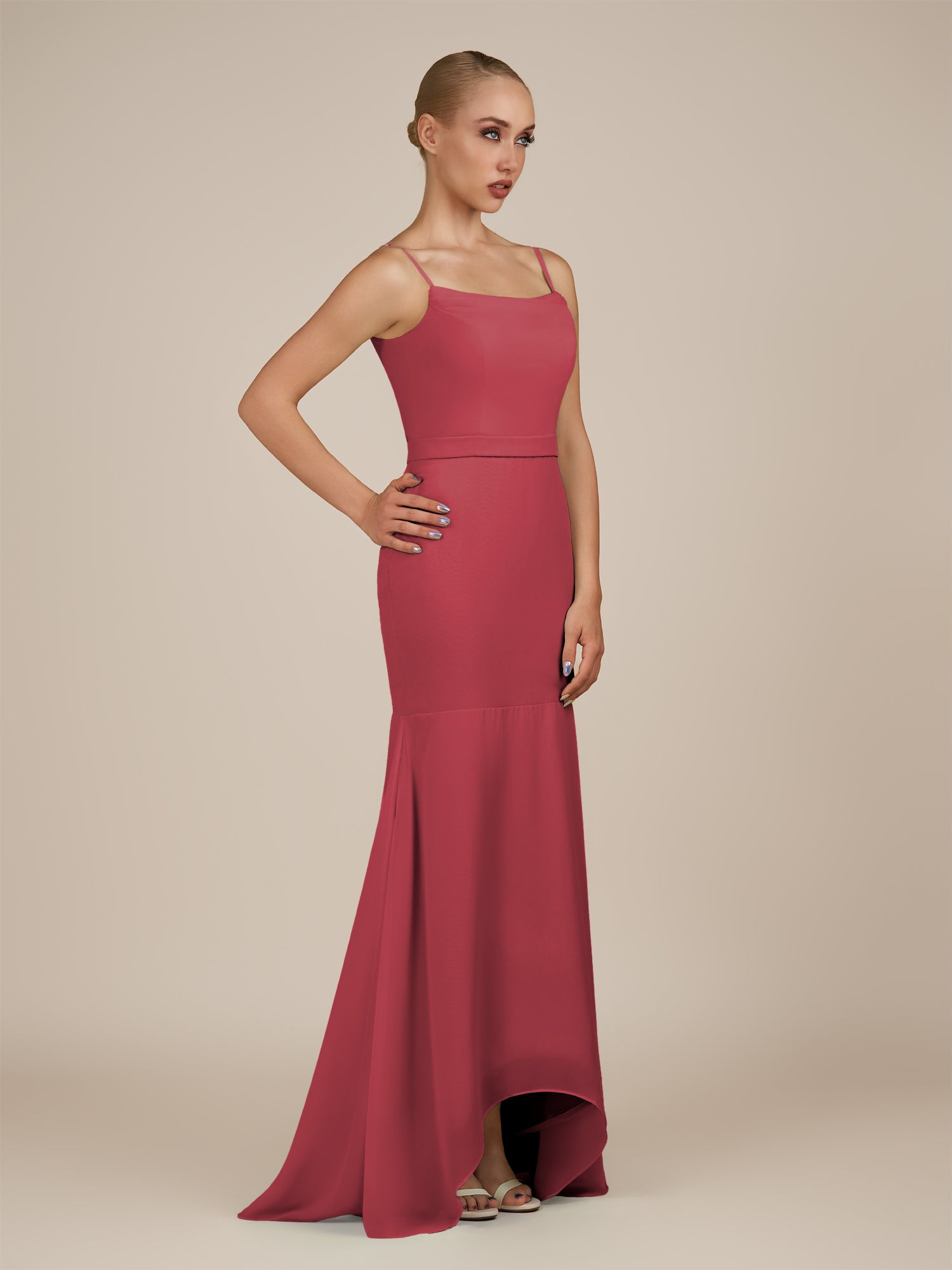 KissDress-Virelai Merlot Sheath Scoop Neck Chiffon Long Bridesmaid Dress