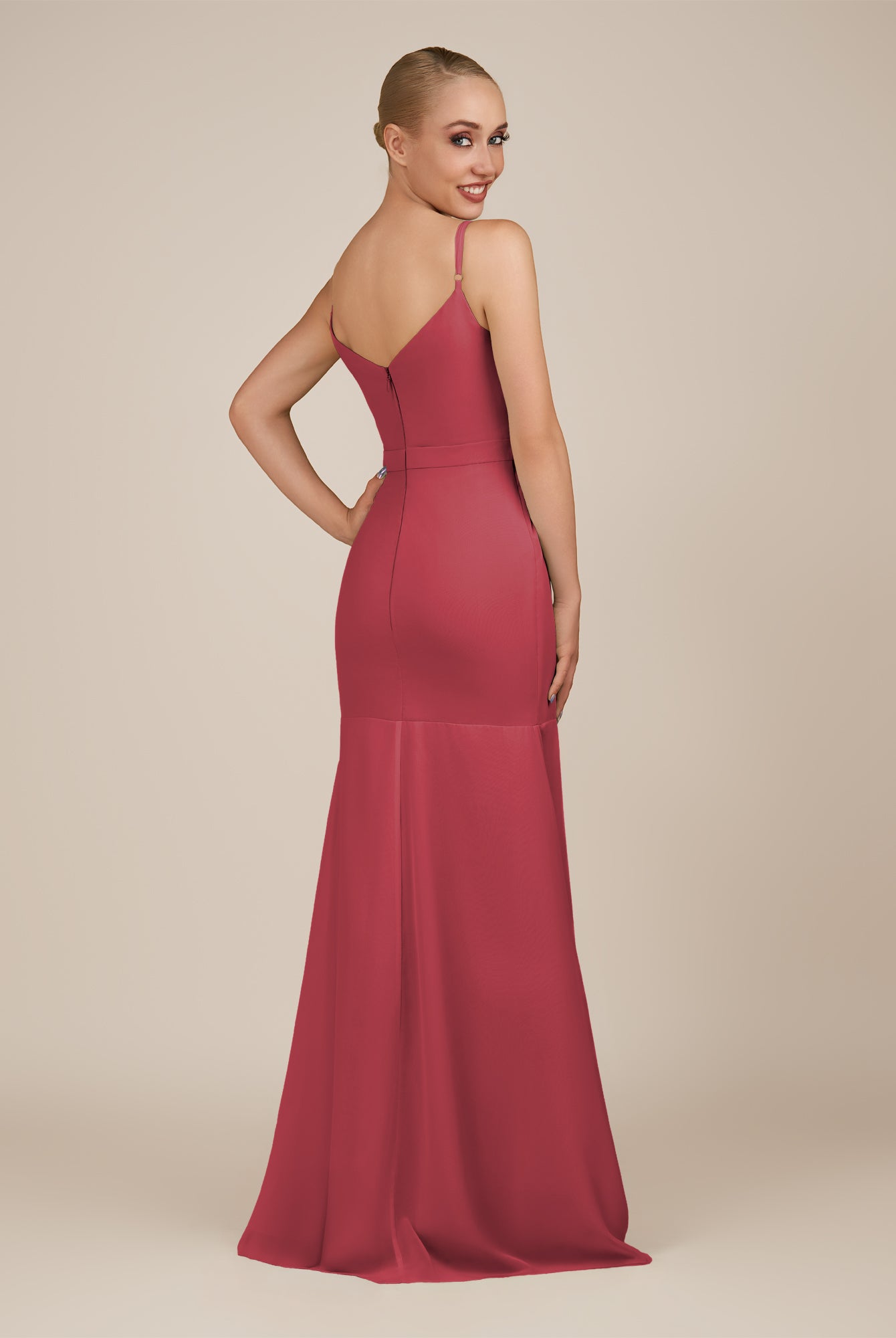 KissDress-Virelai Merlot Sheath Scoop Neck Chiffon Long Bridesmaid Dress