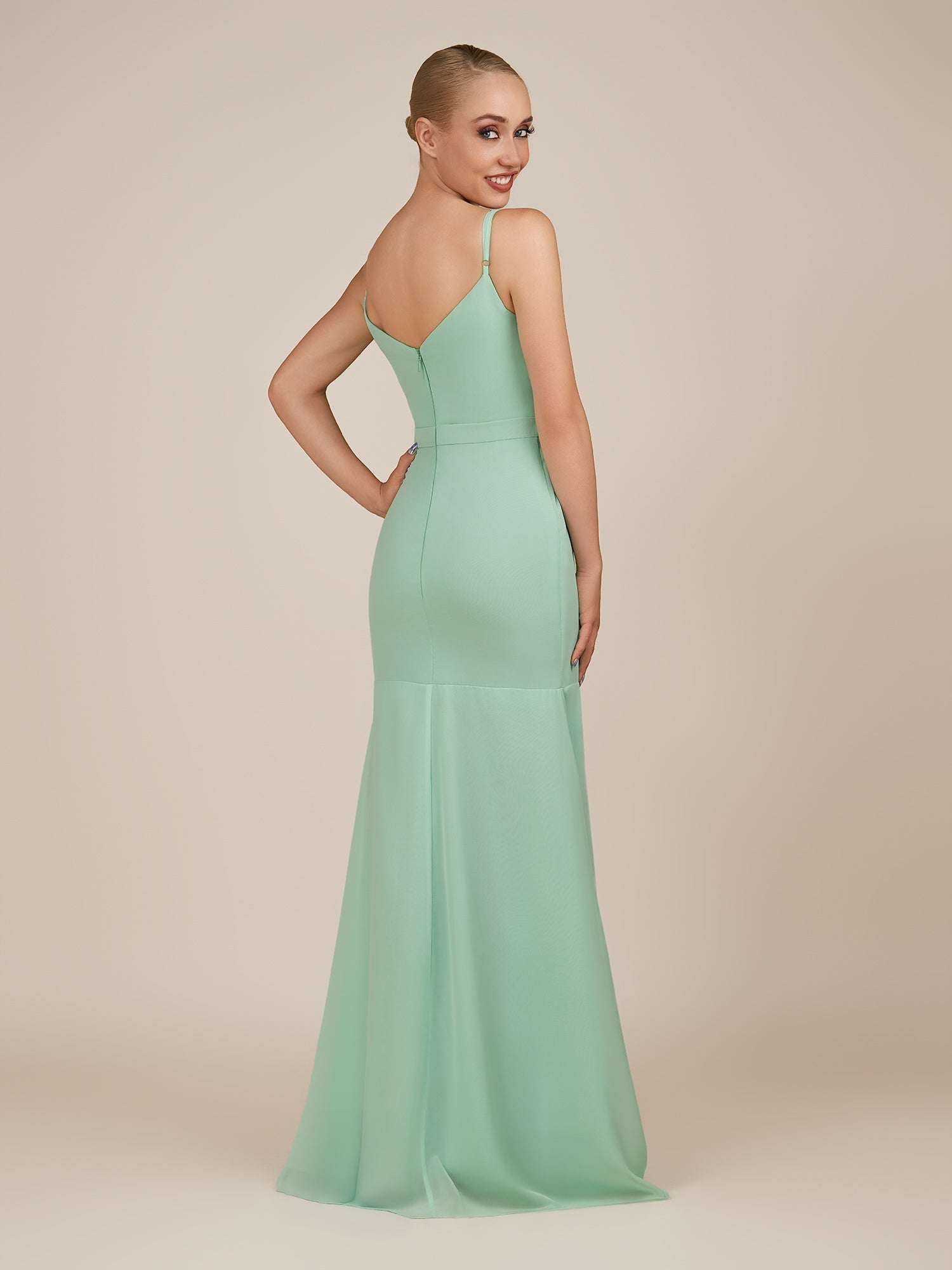 KissDress-Virelai Pale Pistachio Sheath Scoop Neck Chiffon Long Bridesmaid Dress