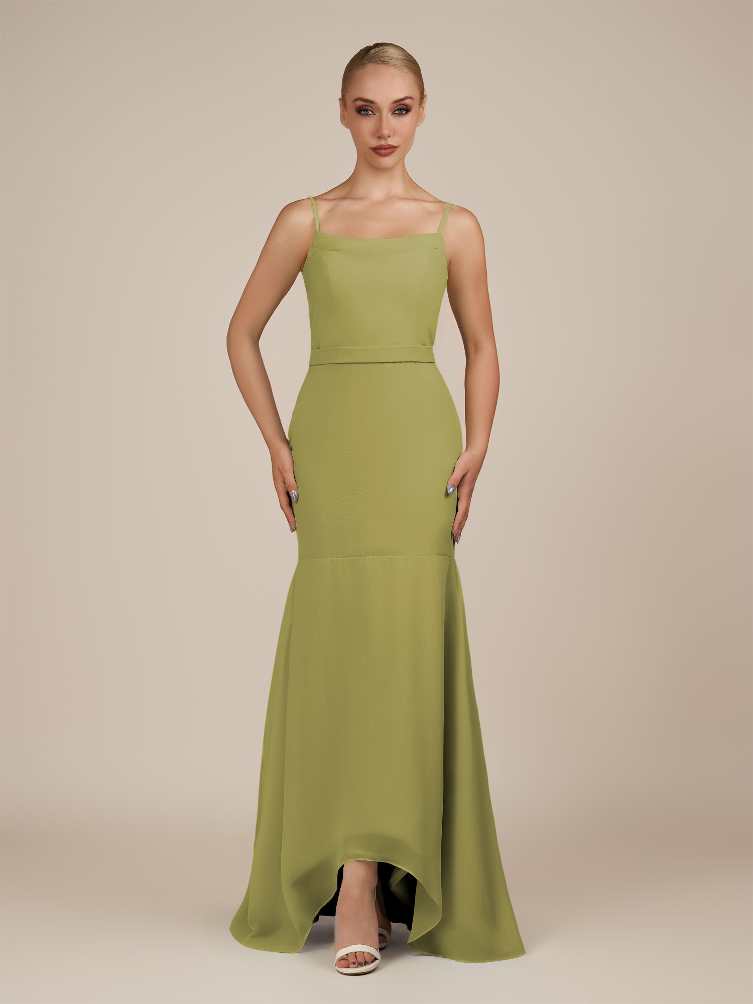 KissDress-Virelai Moss Green Sheath Scoop Neck Chiffon Long Bridesmaid Dress