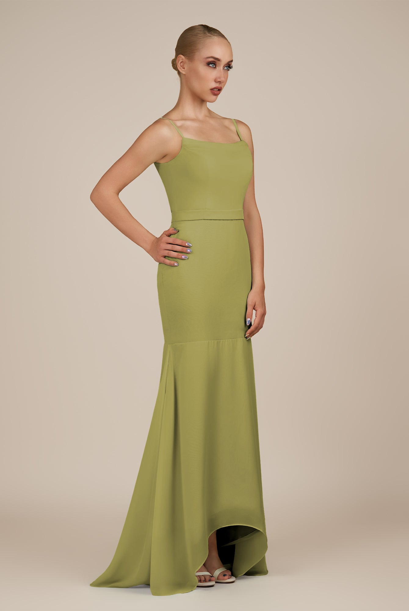 KissDress-Virelai Moss Green Sheath Scoop Neck Chiffon Long Bridesmaid Dress