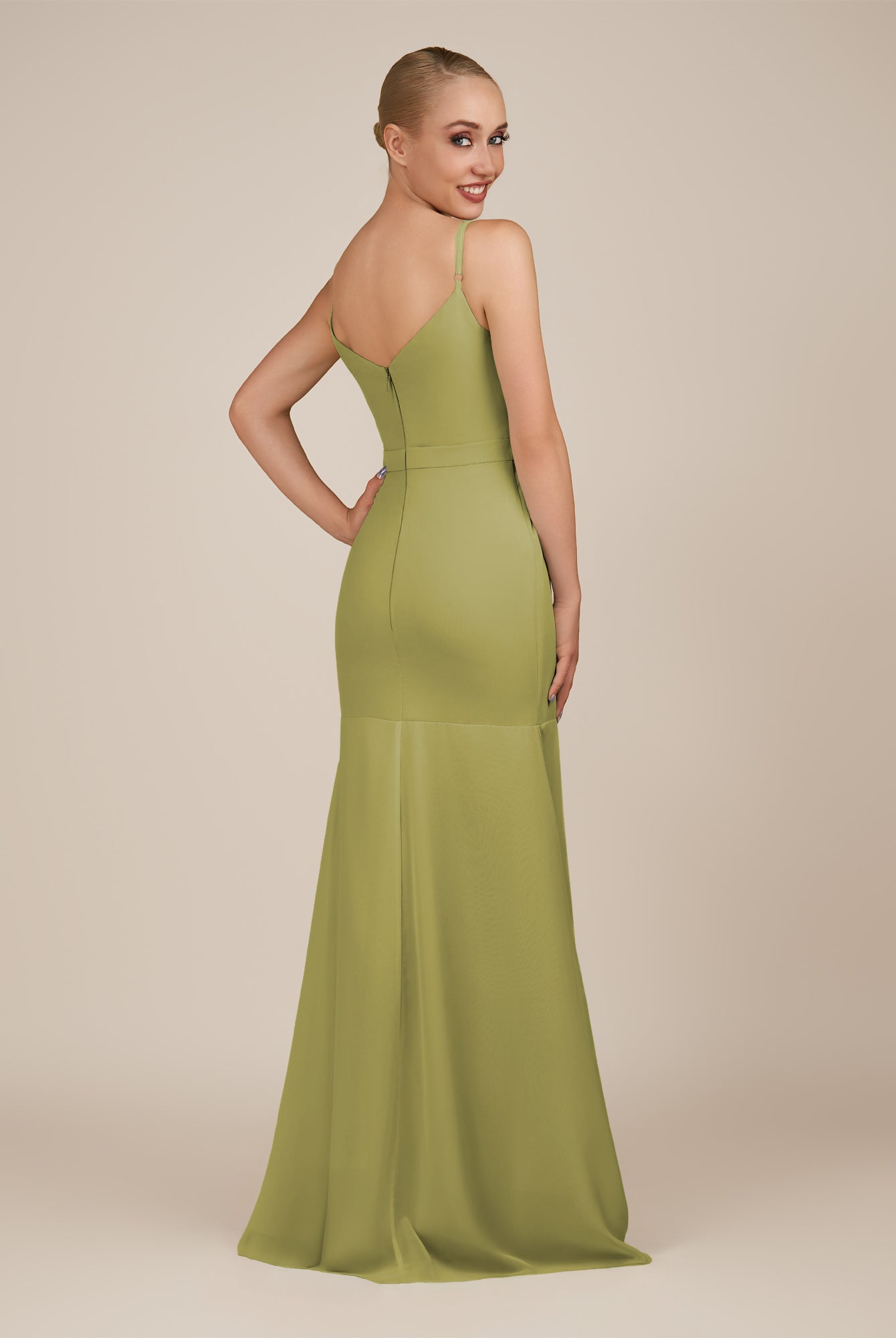 KissDress-Virelai Moss Green Sheath Scoop Neck Chiffon Long Bridesmaid Dress
