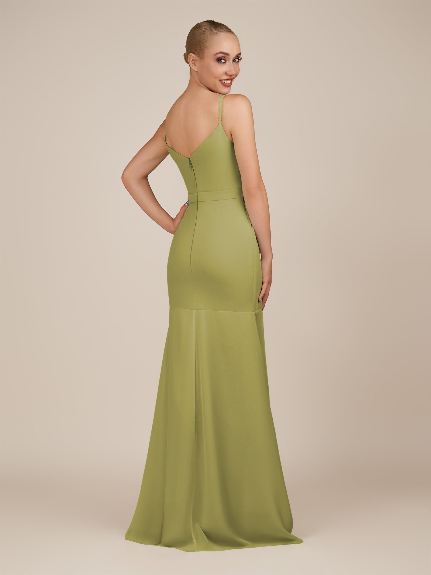 KissDress-Virelai Moss Green Sheath Scoop Neck Chiffon Long Bridesmaid Dress