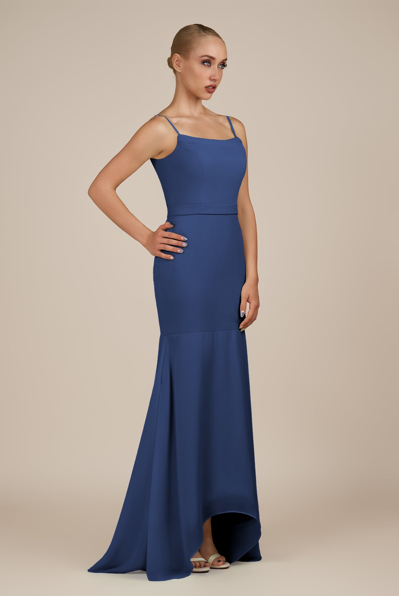 KissDress-Virelai Navy Sheath Scoop Neck Chiffon Long Bridesmaid Dress