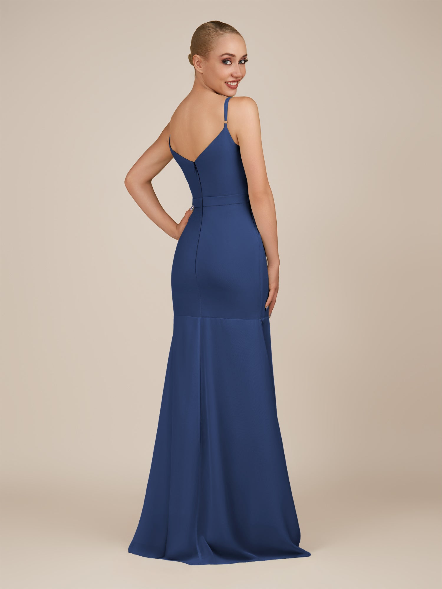 KissDress-Virelai Navy Sheath Scoop Neck Chiffon Long Bridesmaid Dress
