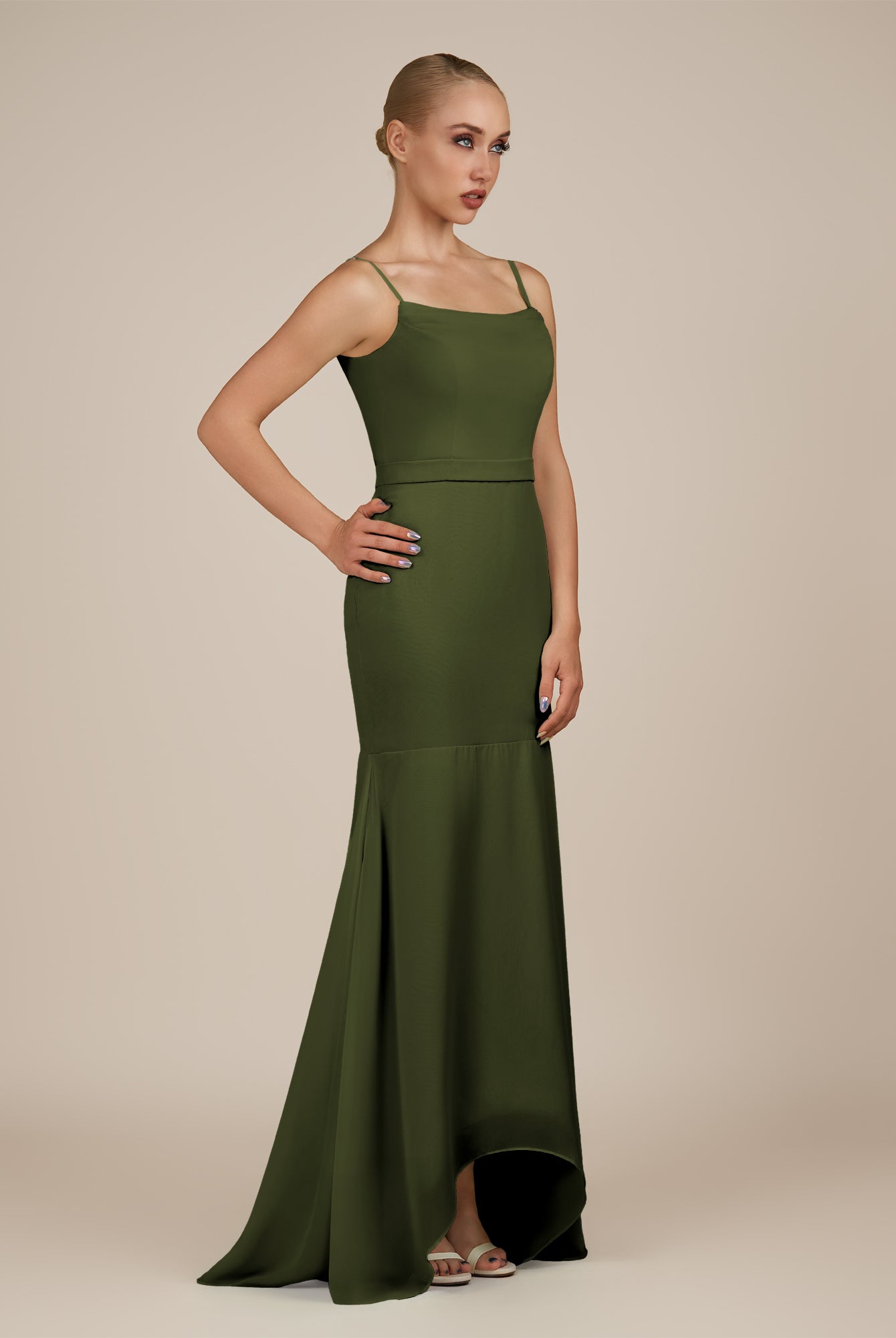 KissDress-Virelai Olive Sheath Scoop Neck Chiffon Long Bridesmaid Dress