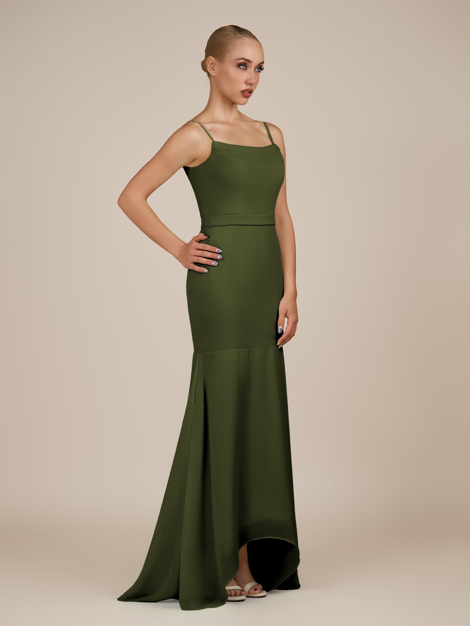 KissDress-Virelai Olive Sheath Scoop Neck Chiffon Long Bridesmaid Dress