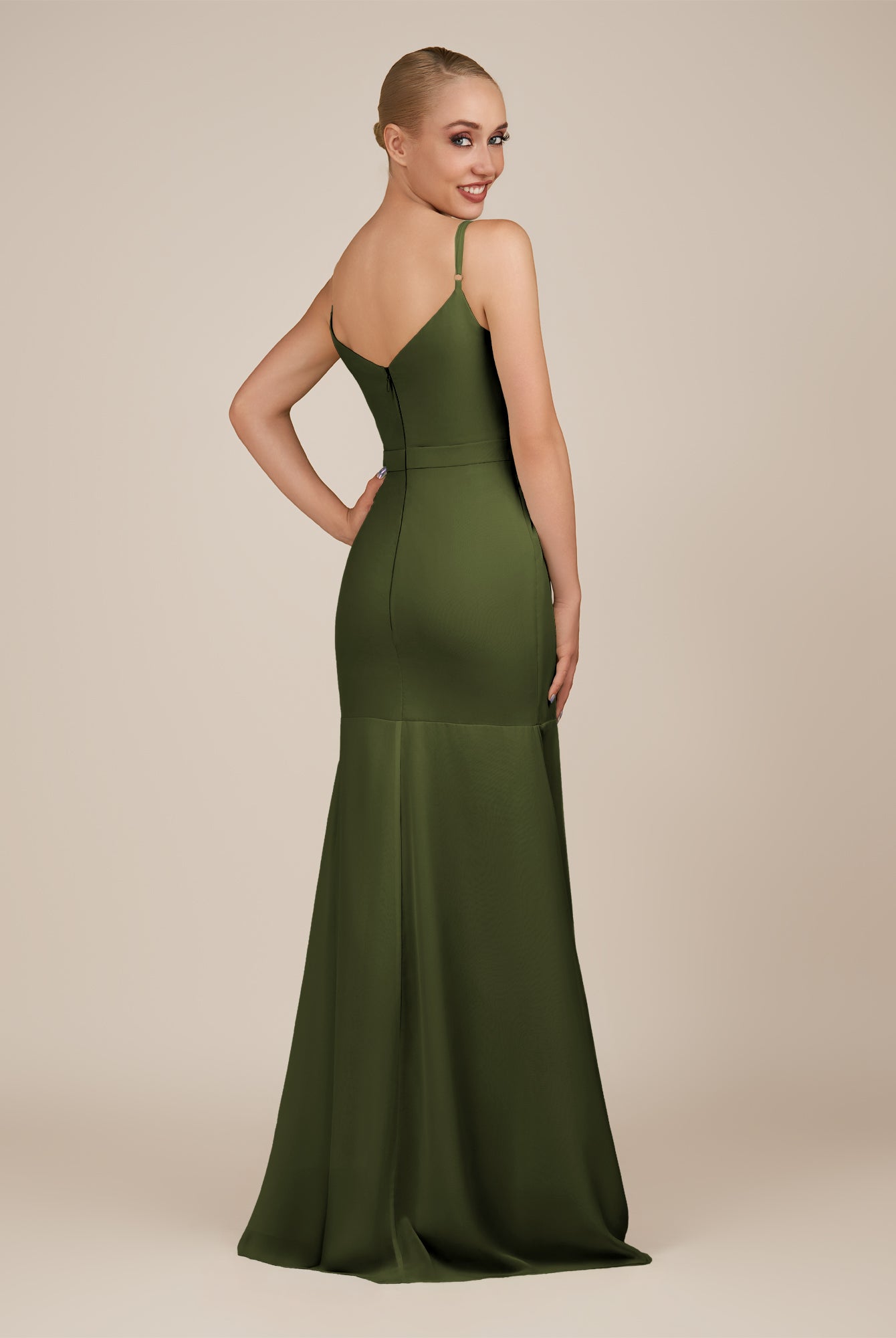 KissDress-Virelai Olive Sheath Scoop Neck Chiffon Long Bridesmaid Dress