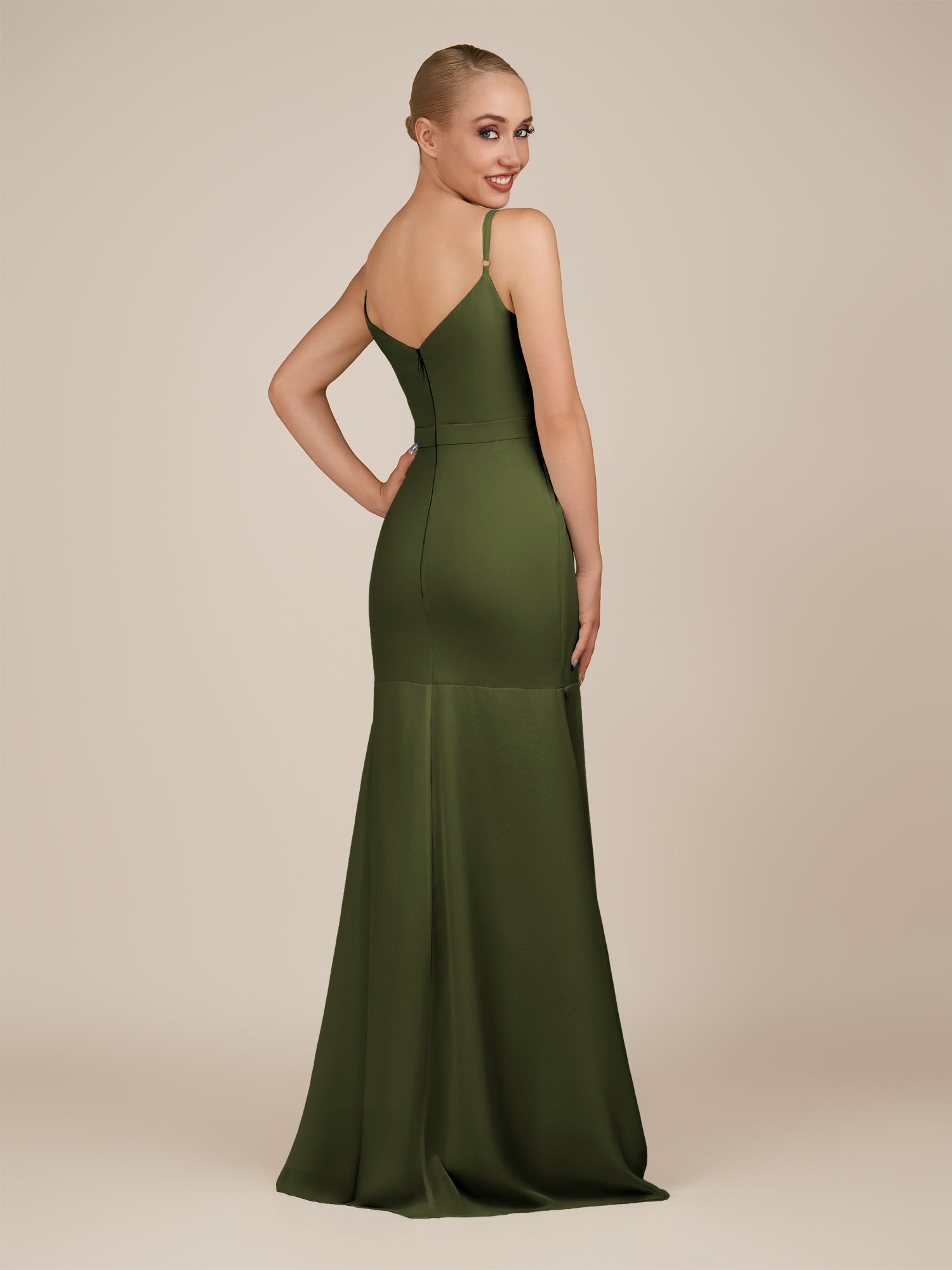 KissDress-Virelai Olive Sheath Scoop Neck Chiffon Long Bridesmaid Dress
