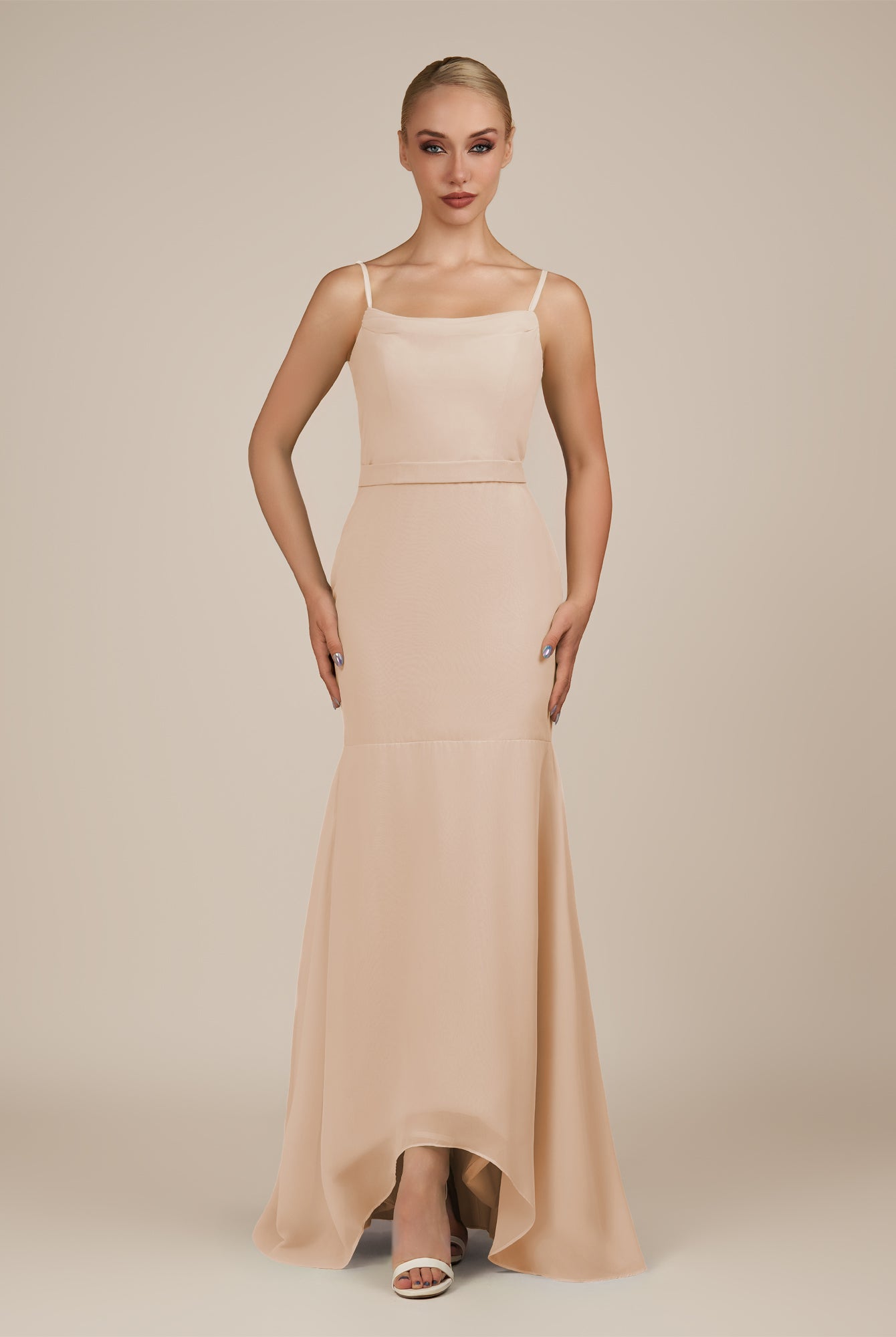 KissDress-Virelai Pale Blush Sheath Scoop Neck Chiffon Long Bridesmaid Dress
