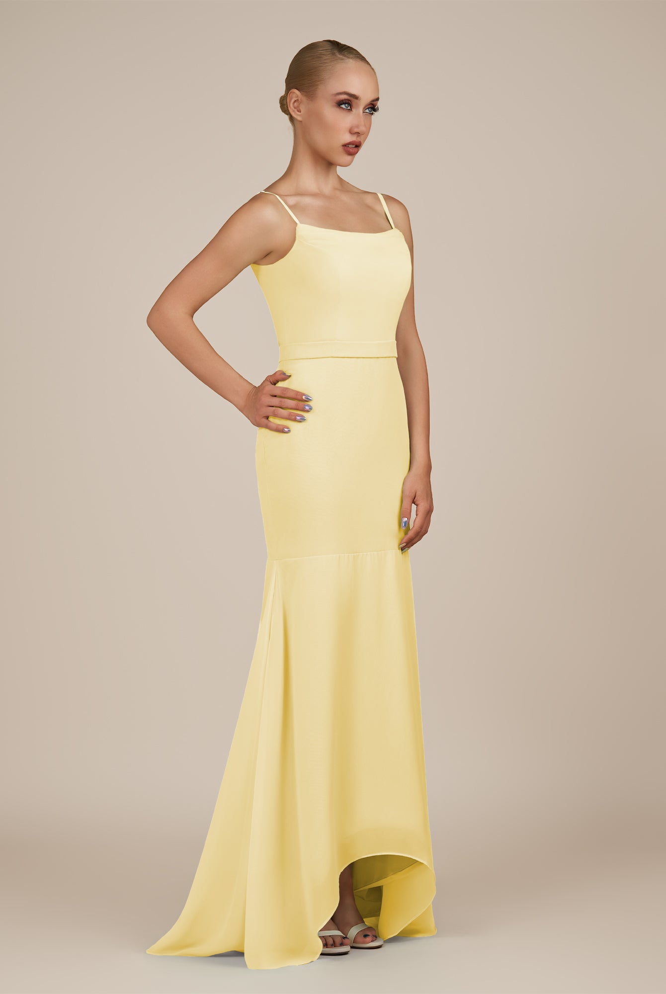 KissDress-Virelai Pastel Yellow Sheath Scoop Neck Chiffon Long Bridesmaid Dress