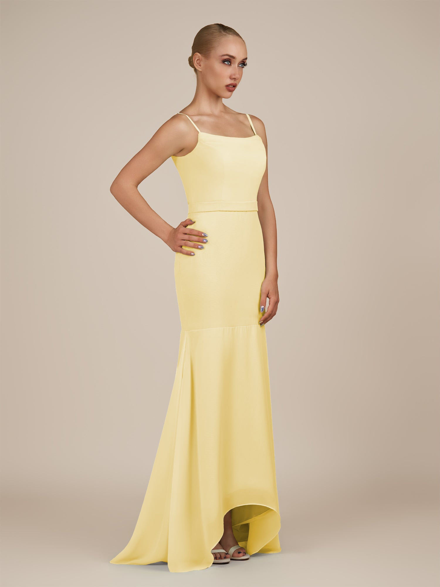 KissDress-Virelai Pastel Yellow Sheath Scoop Neck Chiffon Long Bridesmaid Dress