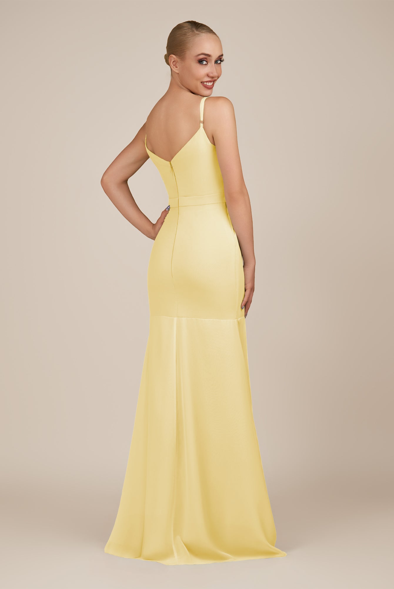 KissDress-Virelai Pastel Yellow Sheath Scoop Neck Chiffon Long Bridesmaid Dress