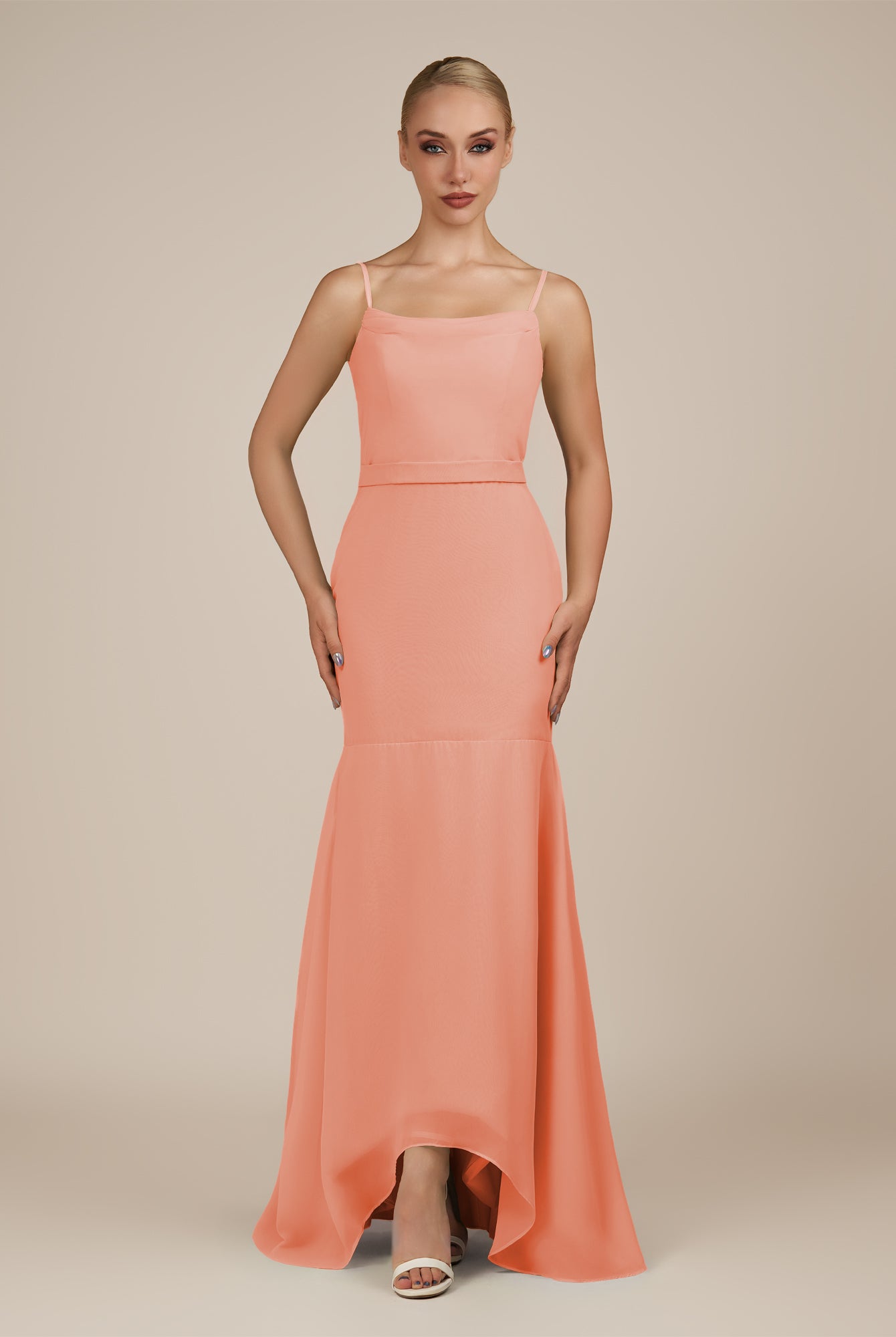 KissDress-Virelai Rosette Sheath Scoop Neck Chiffon Long Bridesmaid Dress