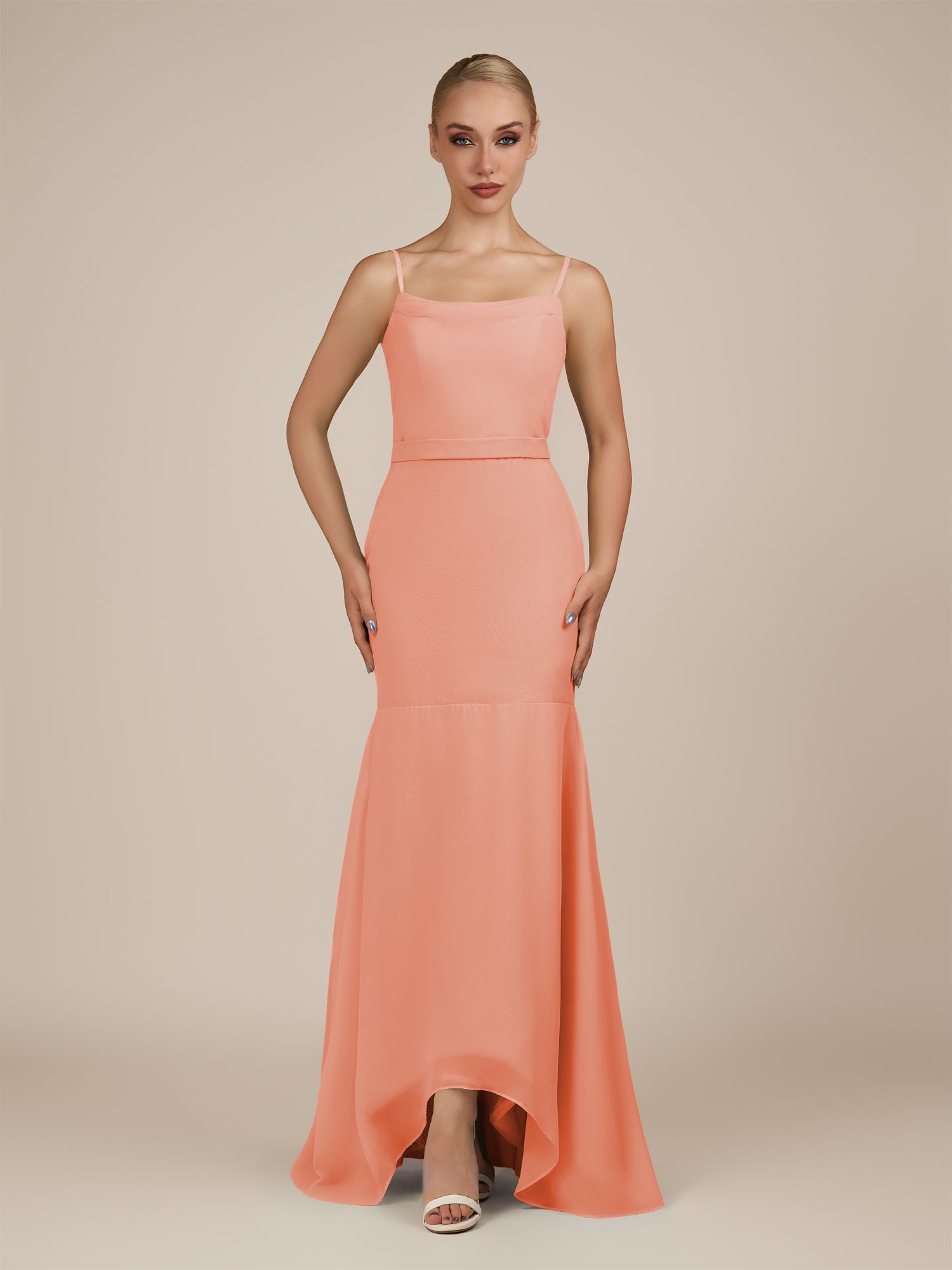 KissDress-Virelai Rosette Sheath Scoop Neck Chiffon Long Bridesmaid Dress
