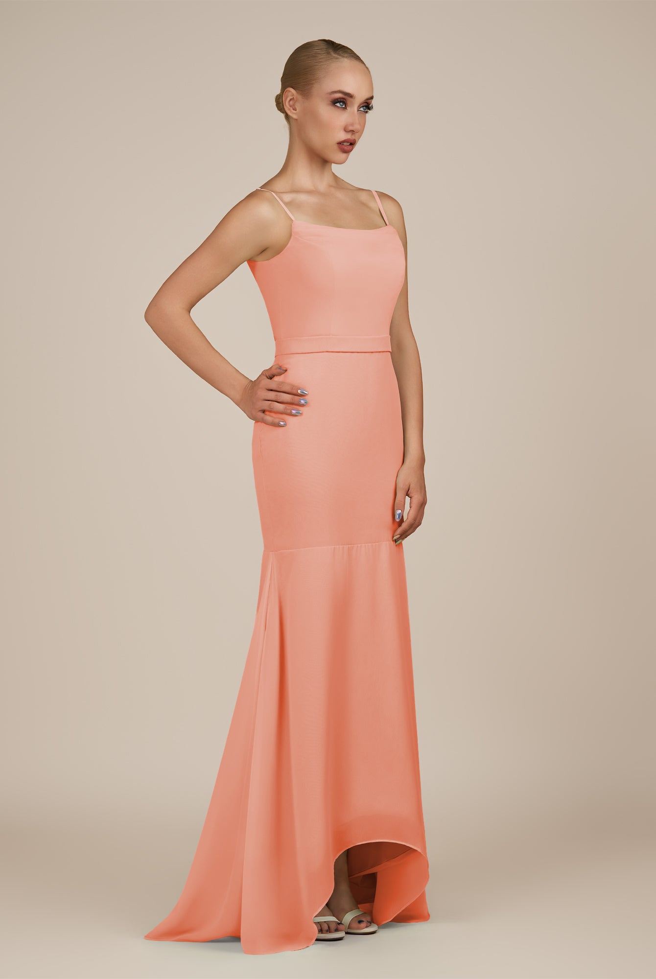KissDress-Virelai Rosette Sheath Scoop Neck Chiffon Long Bridesmaid Dress