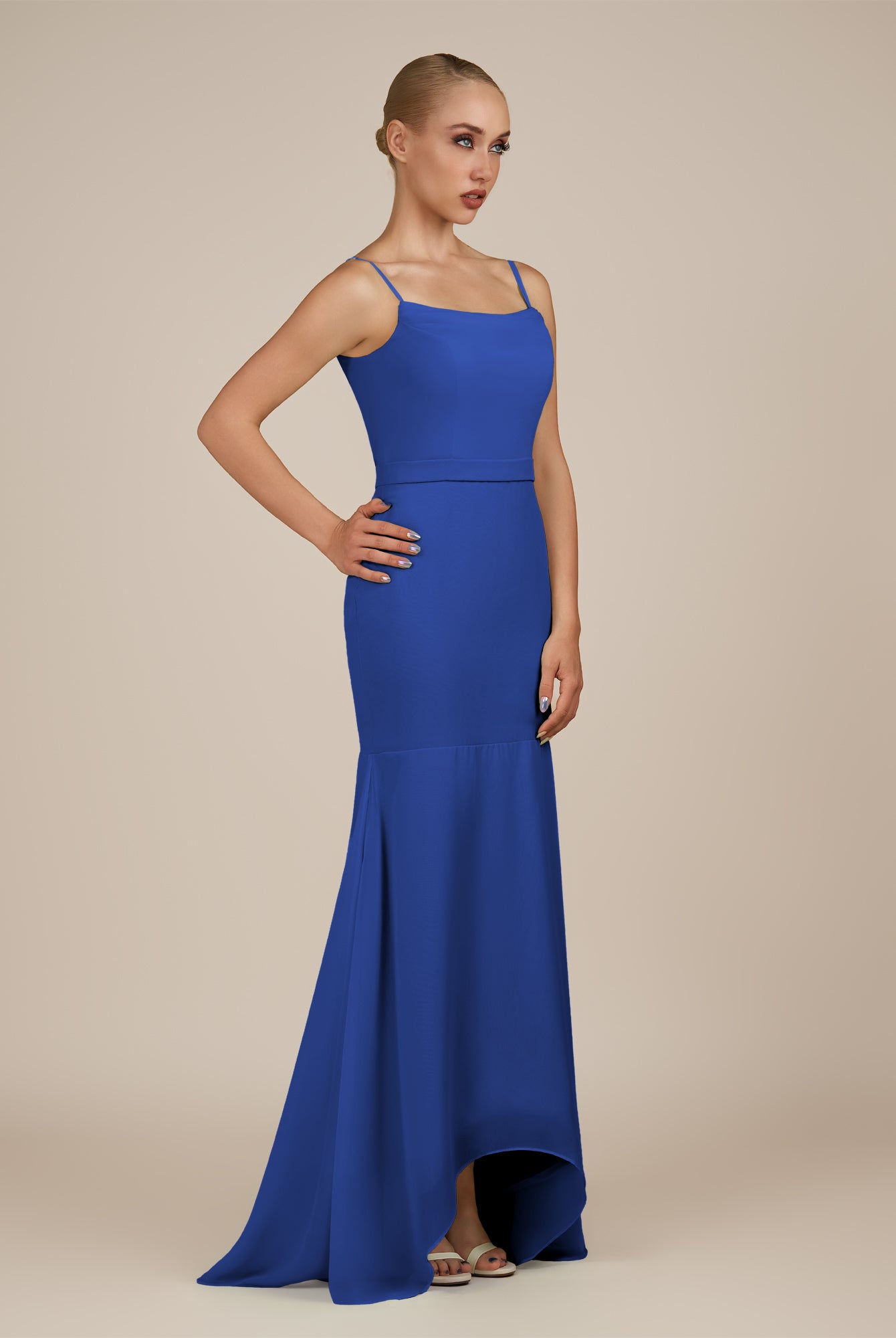 KissDress-Virelai Royal Blue Sheath Scoop Neck Chiffon Long Bridesmaid Dress