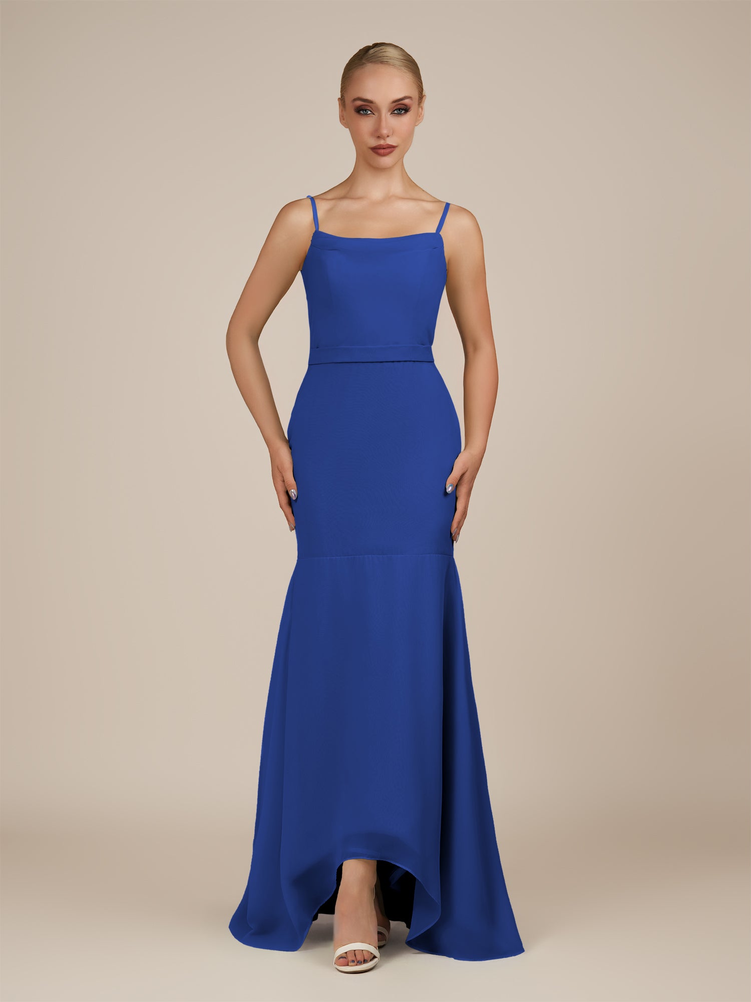 KissDress-Virelai Royal Blue Sheath Scoop Neck Chiffon Long Bridesmaid Dress