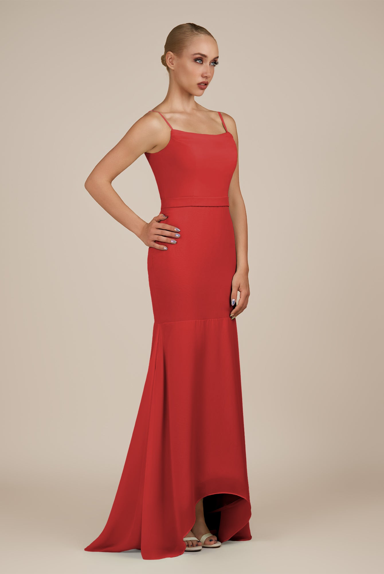 KissDress-Virelai Ruby Red Sheath Scoop Neck Chiffon Long Bridesmaid Dress