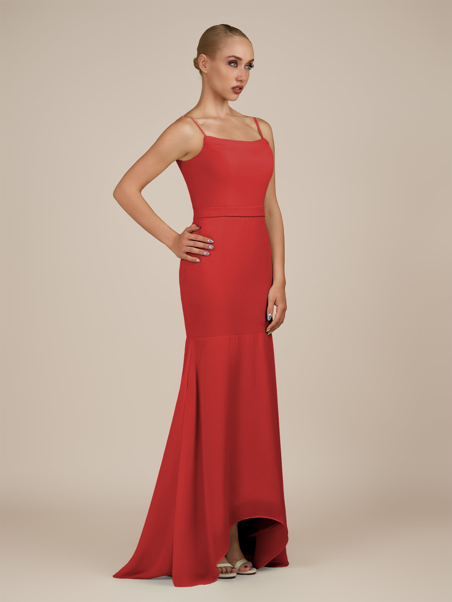 KissDress-Virelai Ruby Red Sheath Scoop Neck Chiffon Long Bridesmaid Dress