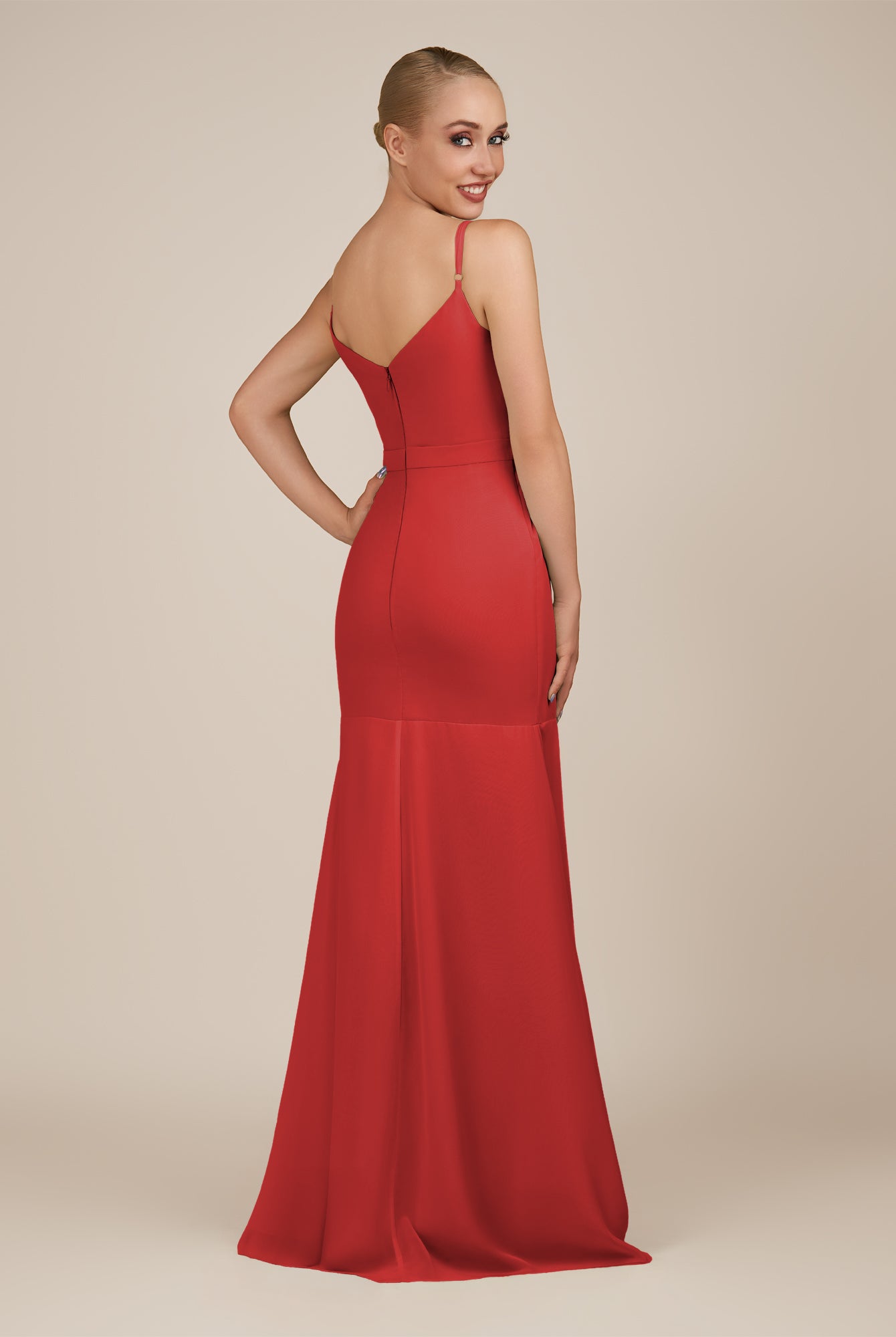 KissDress-Virelai Ruby Red Sheath Scoop Neck Chiffon Long Bridesmaid Dress