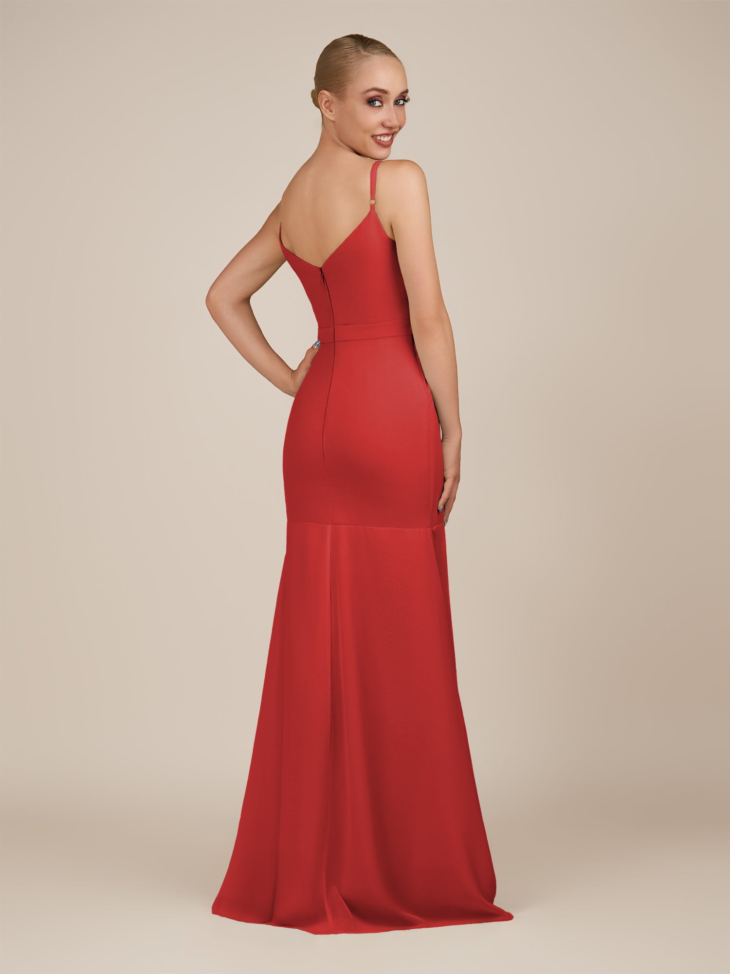 KissDress-Virelai Ruby Red Sheath Scoop Neck Chiffon Long Bridesmaid Dress