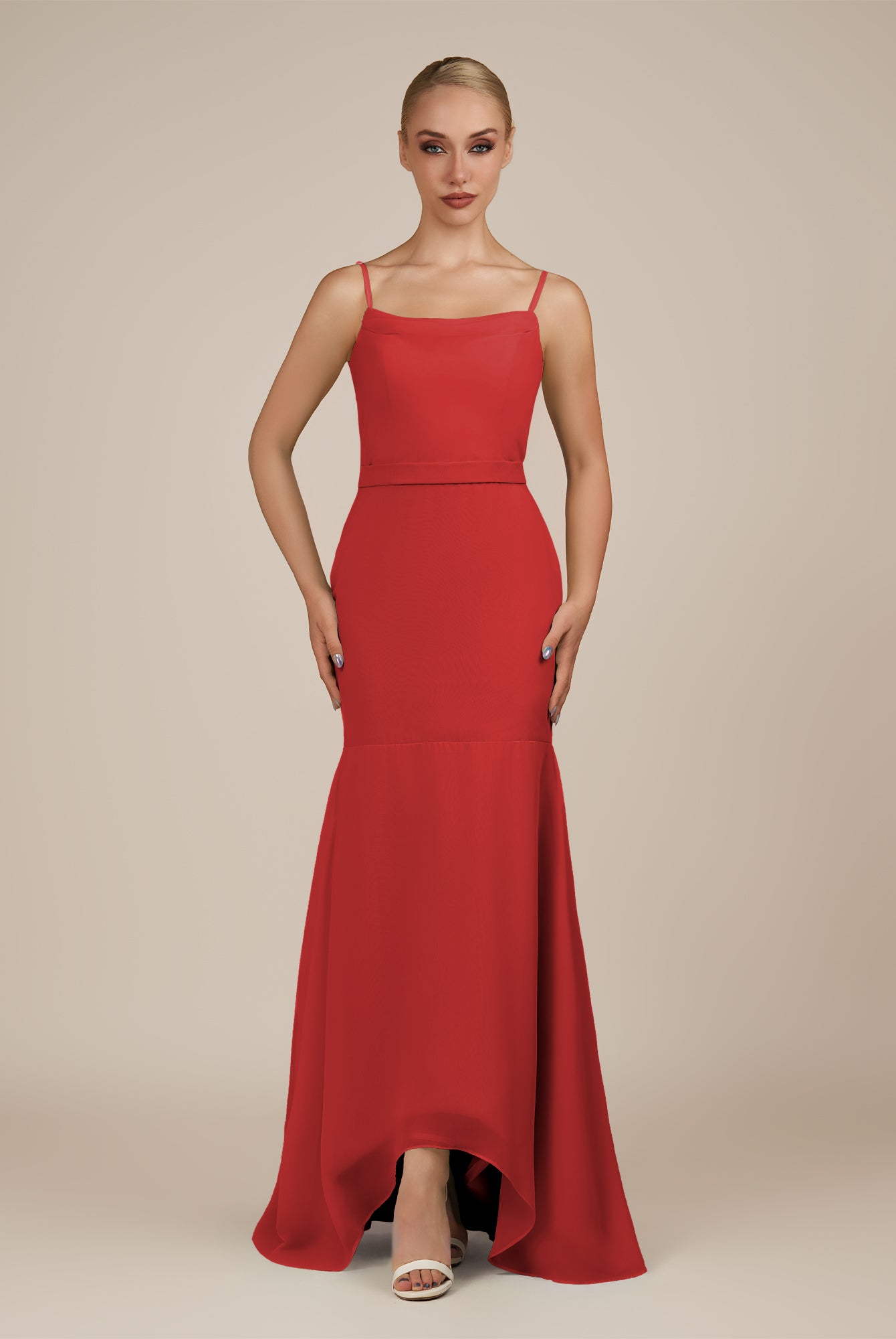 KissDress-Virelai Ruby Red Sheath Scoop Neck Chiffon Long Bridesmaid Dress