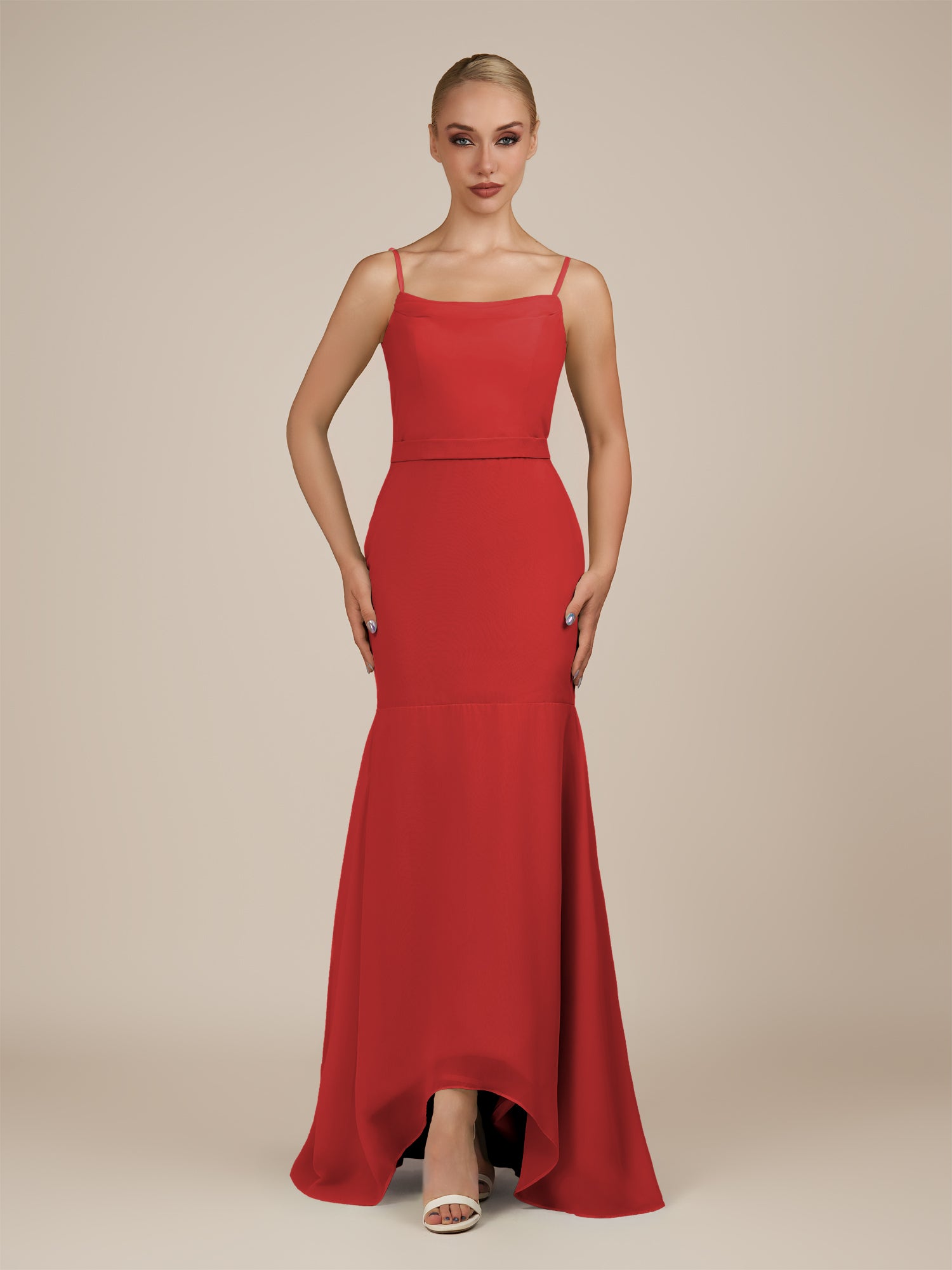 KissDress-Virelai Ruby Red Sheath Scoop Neck Chiffon Long Bridesmaid Dress