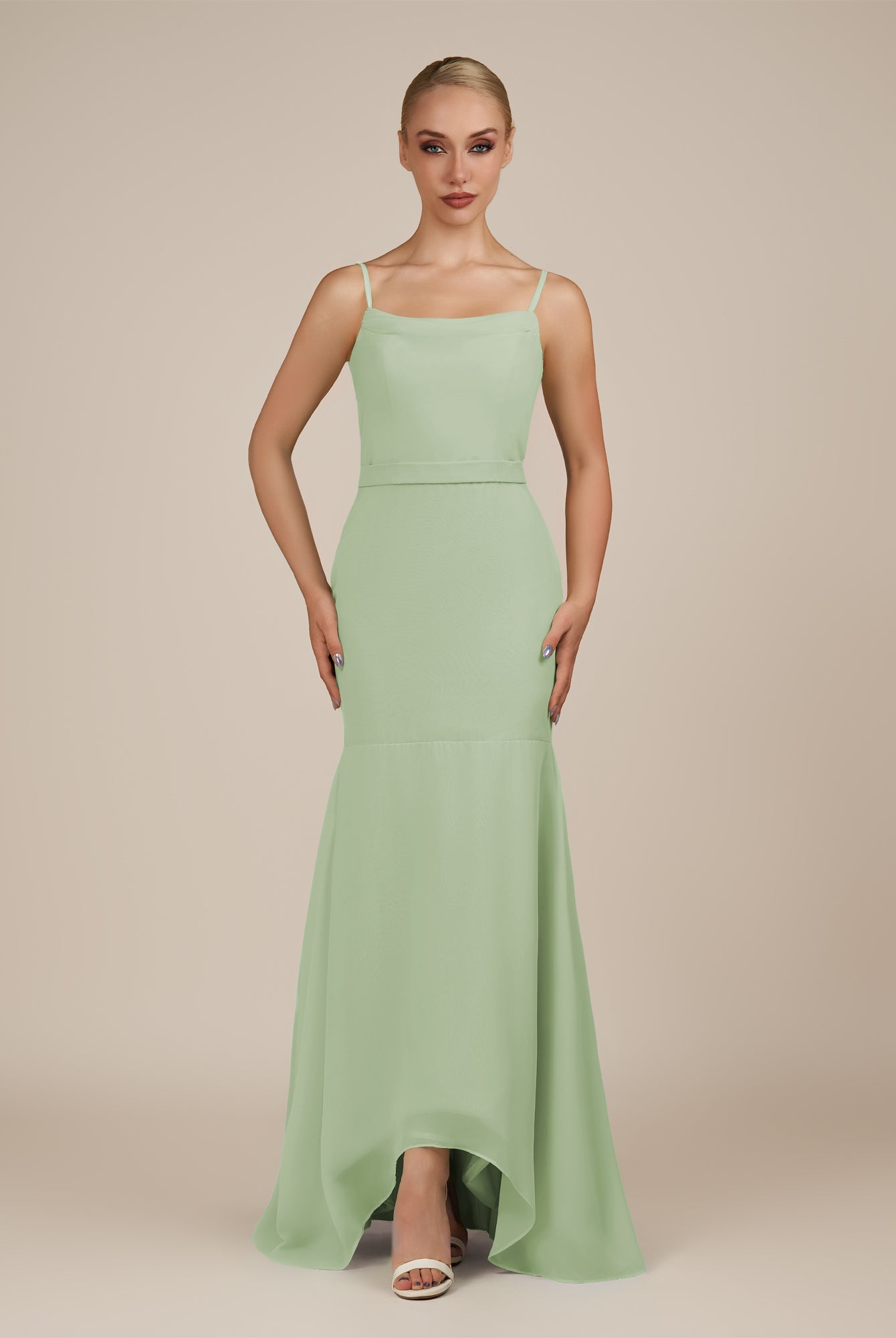 KissDress-Virelai Sage Sheath Scoop Neck Chiffon Long Bridesmaid Dress