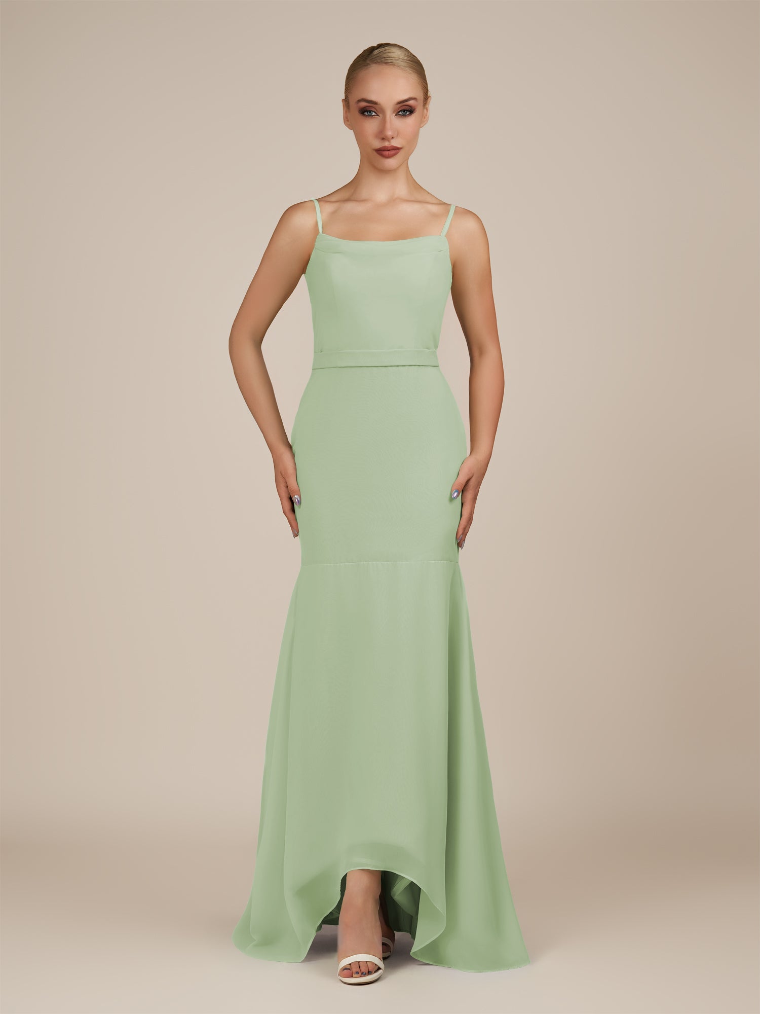 KissDress-Virelai Sage Sheath Scoop Neck Chiffon Long Bridesmaid Dress