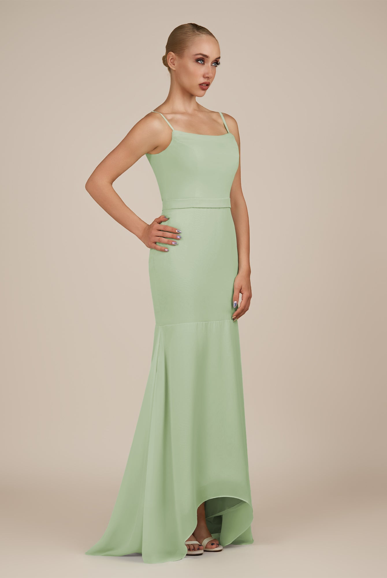 KissDress-Virelai Sage Sheath Scoop Neck Chiffon Long Bridesmaid Dress