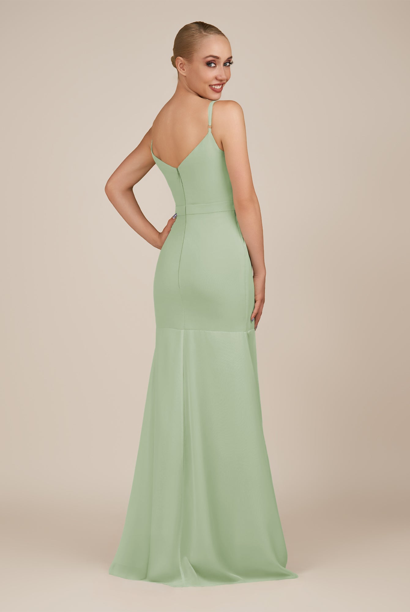 KissDress-Virelai Sage Sheath Scoop Neck Chiffon Long Bridesmaid Dress