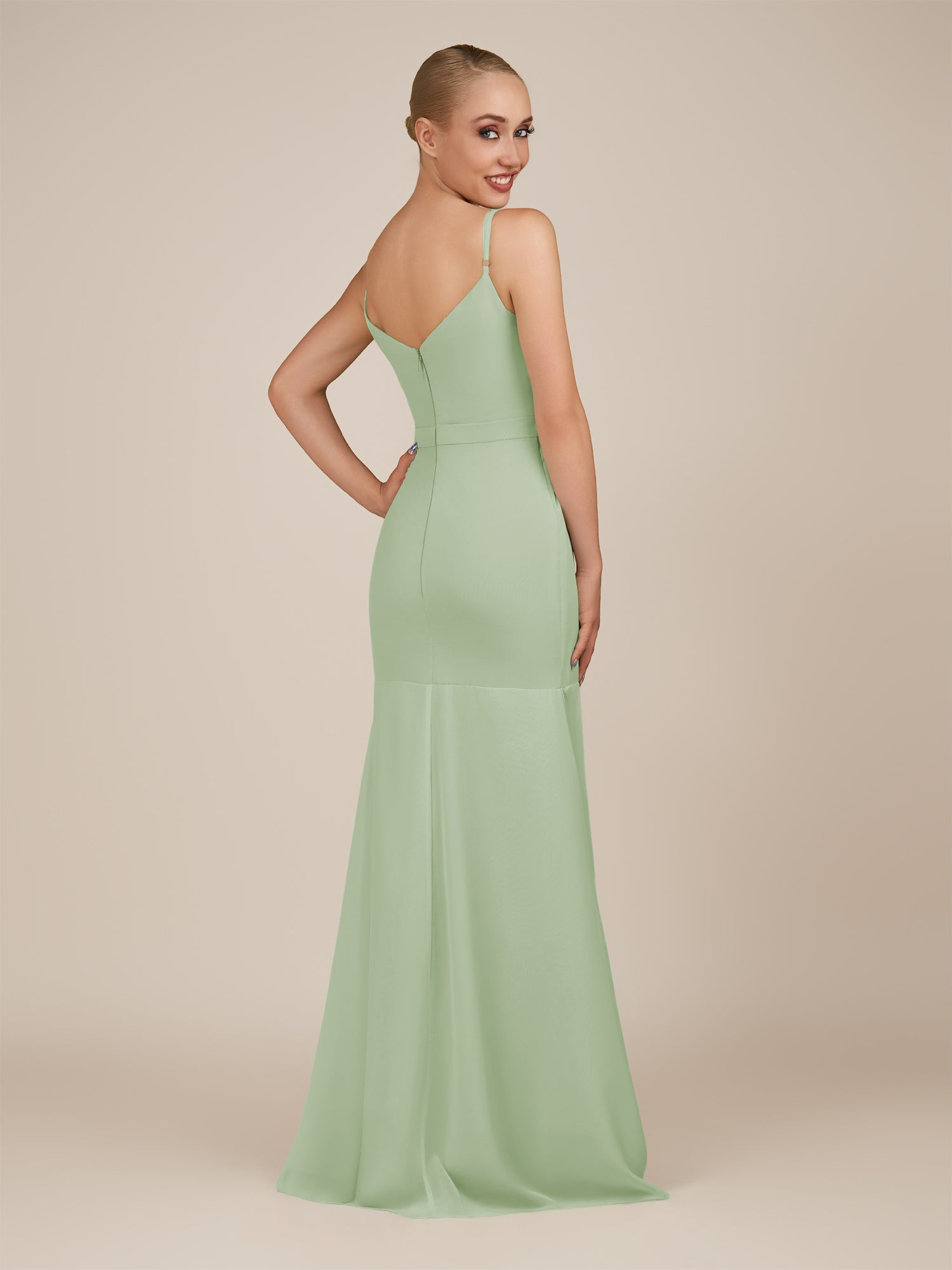 KissDress-Virelai Sage Sheath Scoop Neck Chiffon Long Bridesmaid Dress