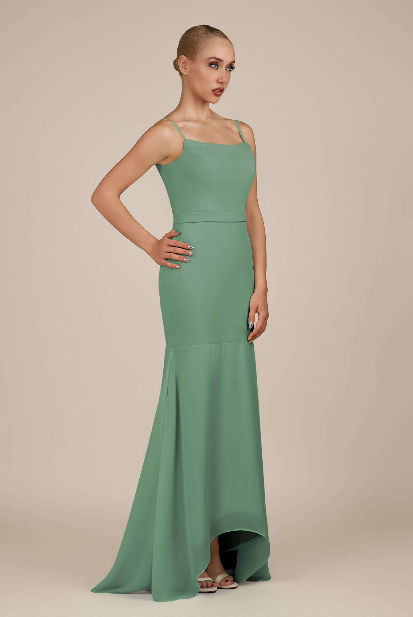 KissDress-Virelai Sea Glass Sheath Scoop Neck Chiffon Long Bridesmaid Dress