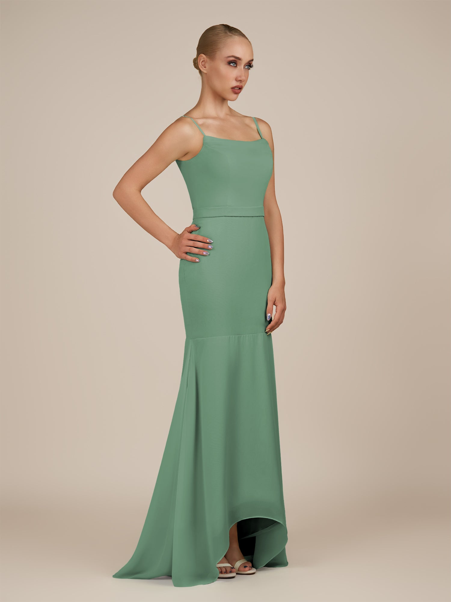 KissDress-Virelai Sea Glass Sheath Scoop Neck Chiffon Long Bridesmaid Dress