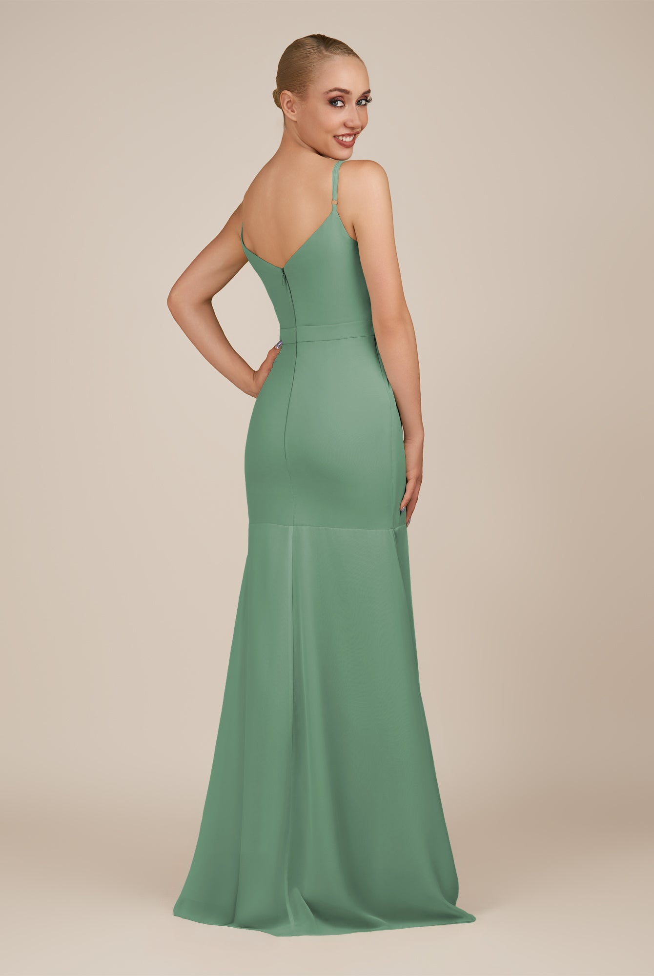 KissDress-Virelai Sea Glass Sheath Scoop Neck Chiffon Long Bridesmaid Dress