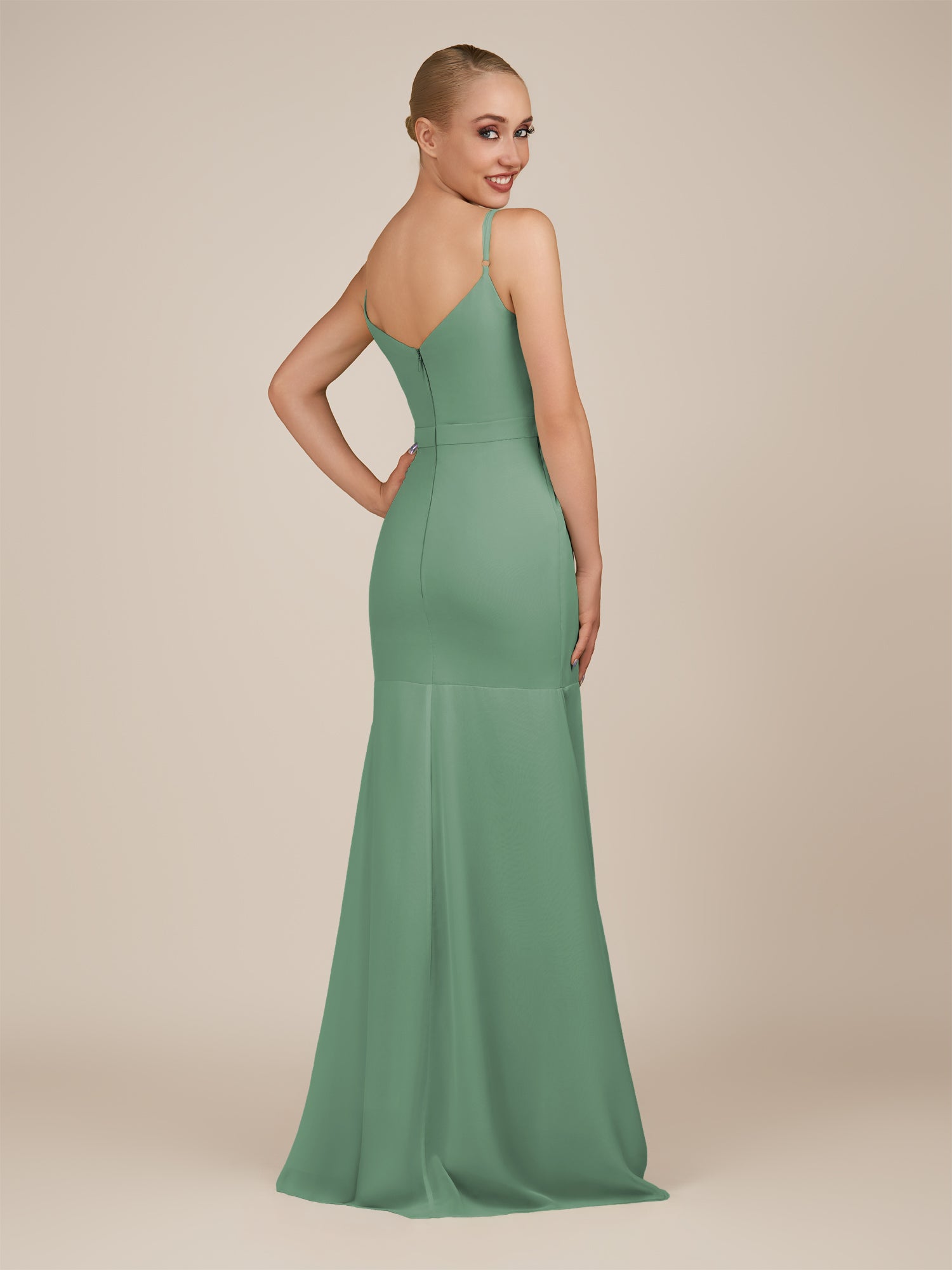 KissDress-Virelai Sea Glass Sheath Scoop Neck Chiffon Long Bridesmaid Dress