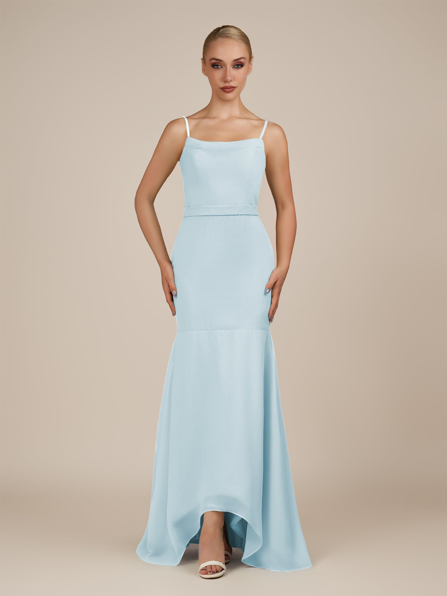 KissDress-Virelai Sky Blue Sheath Scoop Neck Chiffon Long Bridesmaid Dress
