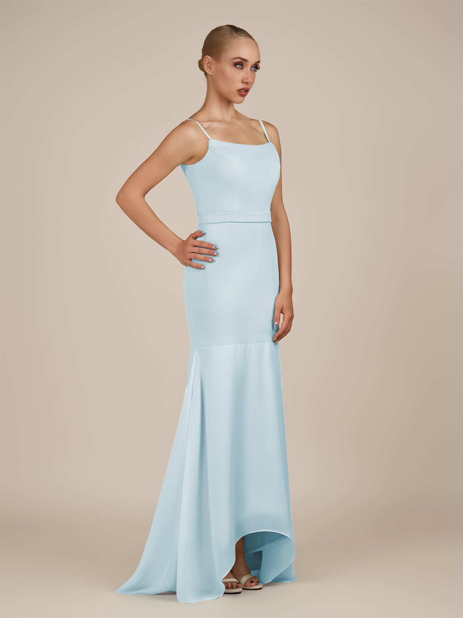KissDress-Virelai Sky Blue Sheath Scoop Neck Chiffon Long Bridesmaid Dress