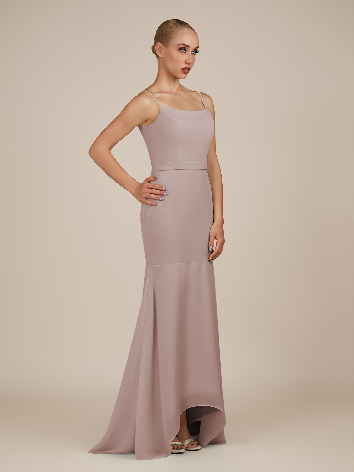 KissDress-Virelai Toffee Sheath Scoop Neck Chiffon Long Bridesmaid Dress