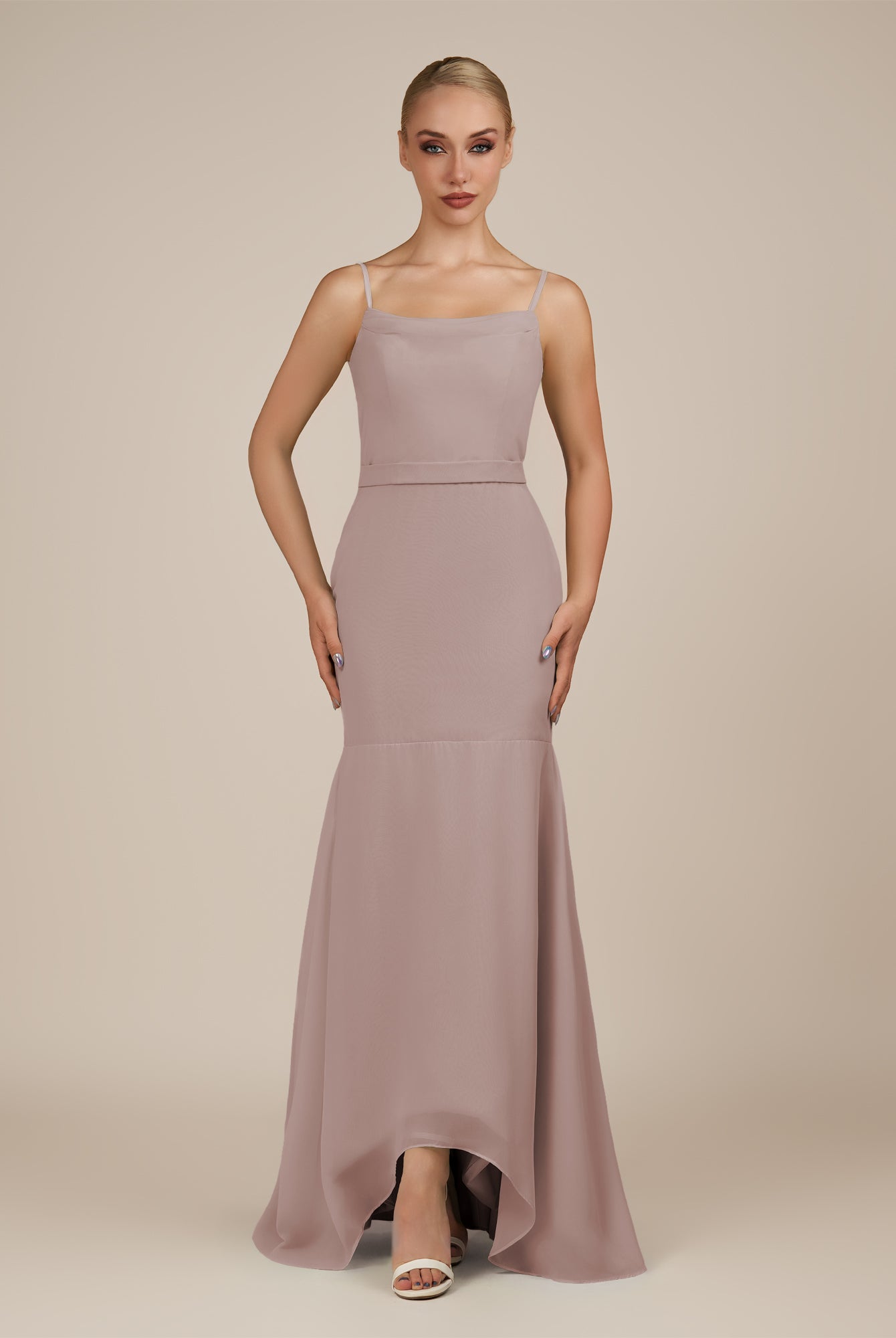KissDress-Virelai Toffee Sheath Scoop Neck Chiffon Long Bridesmaid Dress