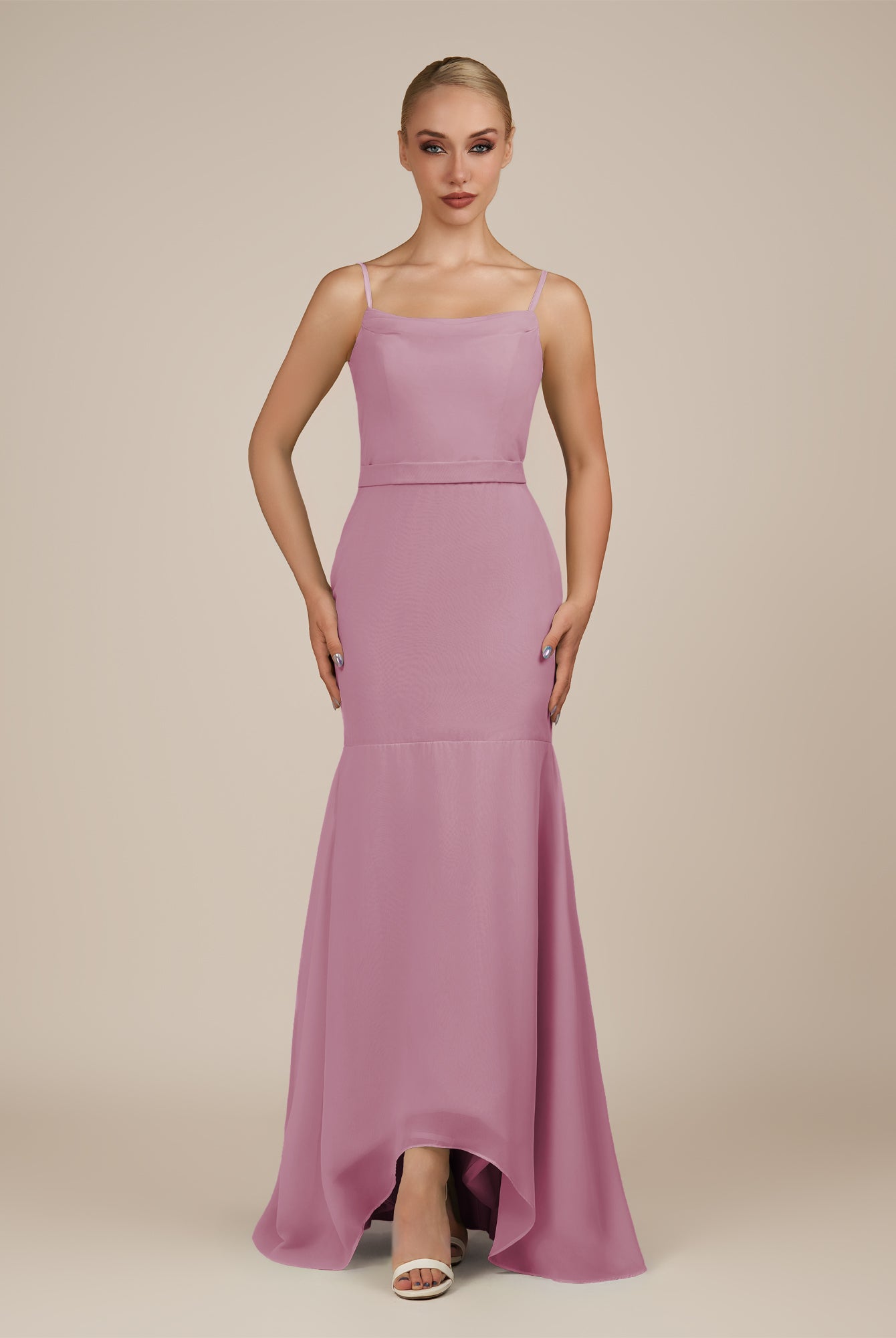KissDress-Virelai Vintage Mauve Sheath Scoop Neck Chiffon Long Bridesmaid Dress