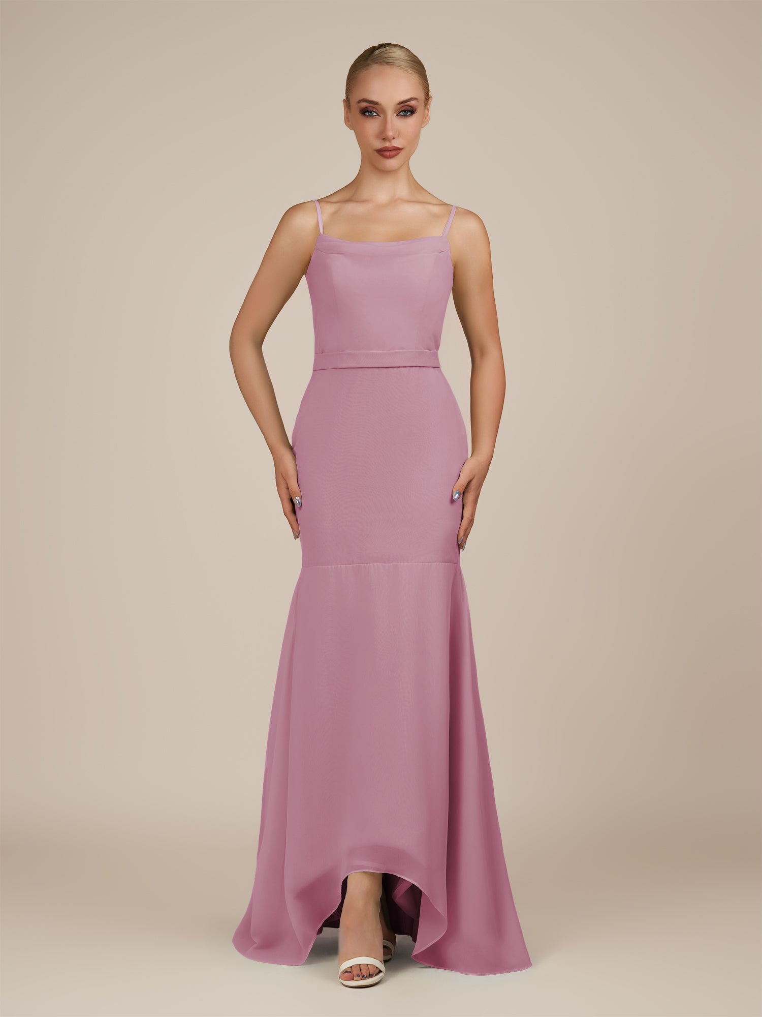 KissDress-Virelai Vintage Mauve Sheath Scoop Neck Chiffon Long Bridesmaid Dress