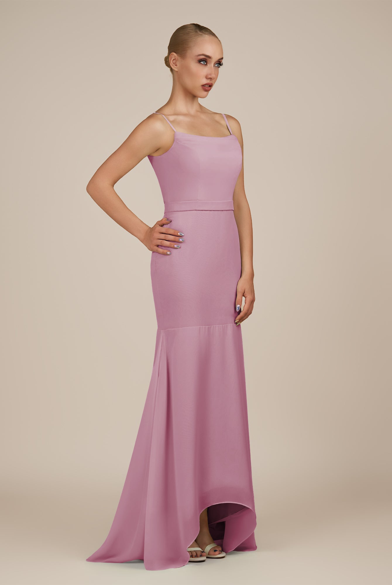 KissDress-Virelai Vintage Mauve Sheath Scoop Neck Chiffon Long Bridesmaid Dress