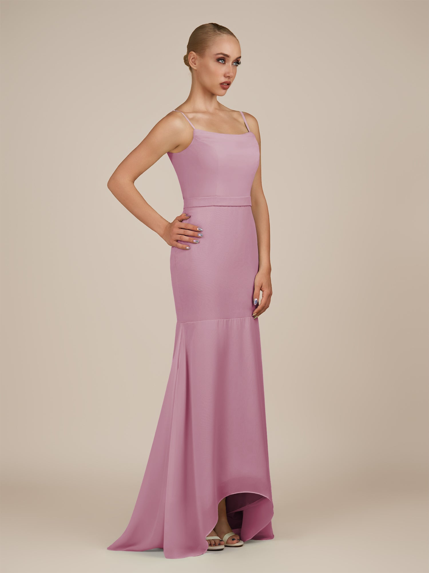 KissDress-Virelai Vintage Mauve Sheath Scoop Neck Chiffon Long Bridesmaid Dress